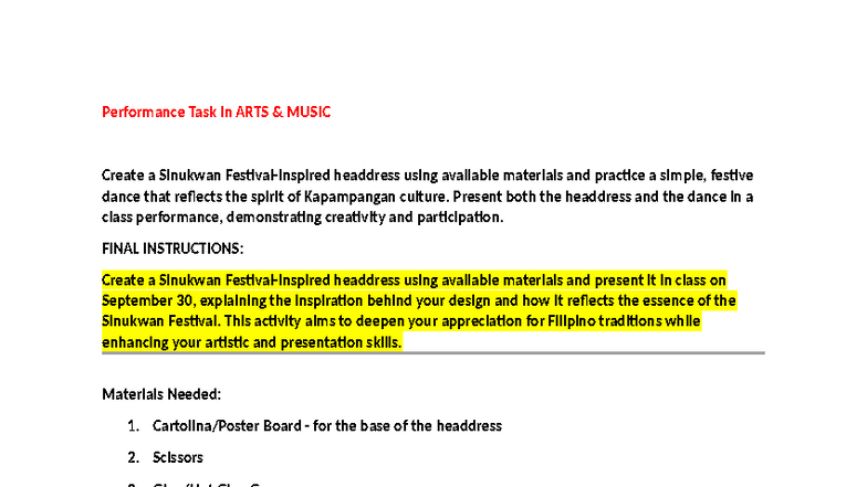 Performance Task in ARTS & MUSIC: Sinukwan Headdress Creation - Studocu