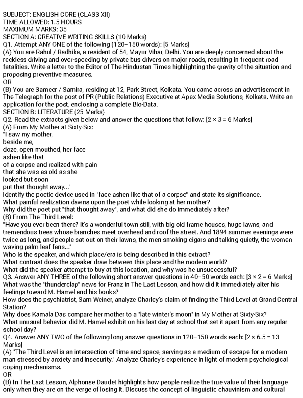 Worksheet 2: English Core (Class XII) Creative Writing & Literature ...