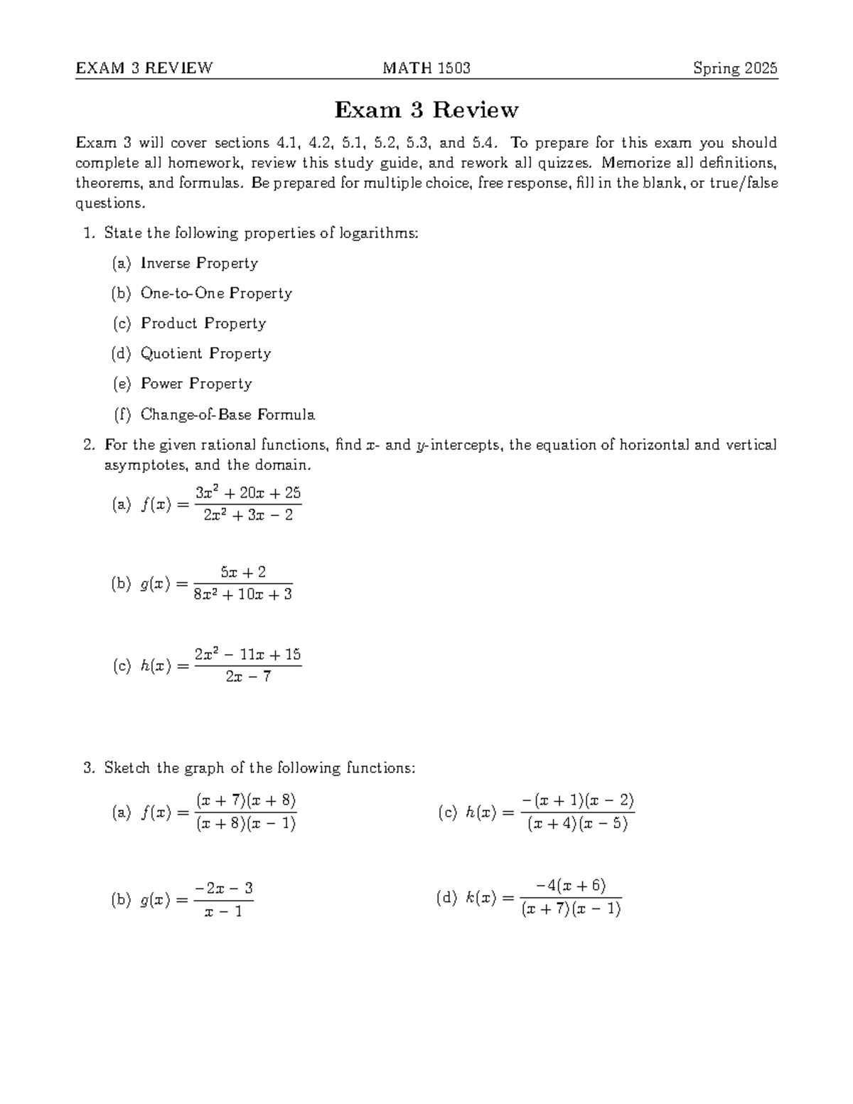 Math 1503 Exam 3 Review Spring 2025: Logarithmic Functions and ...