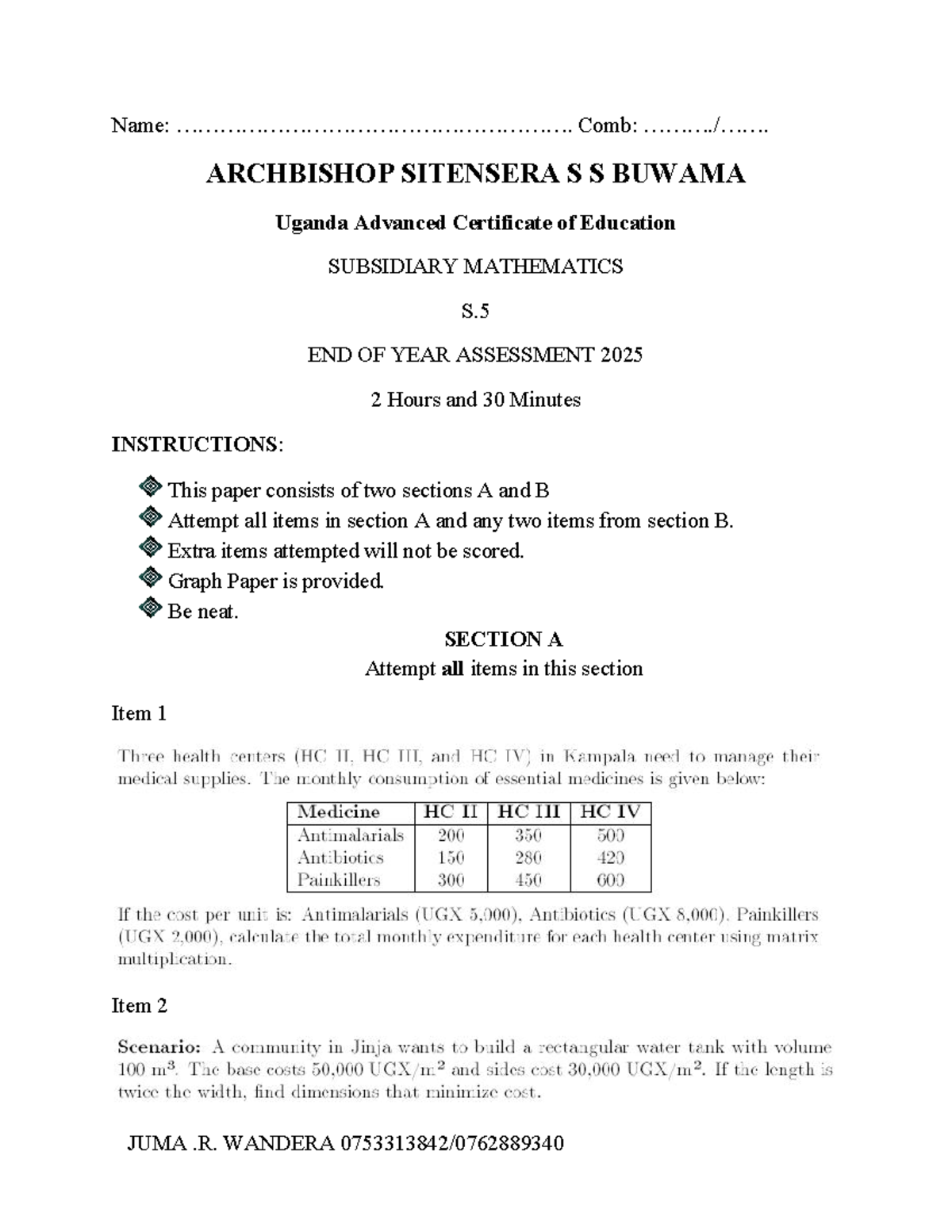 S.5 SUBSIDIARY MATHEMATICS - Practice Paper 2025 - Studocu