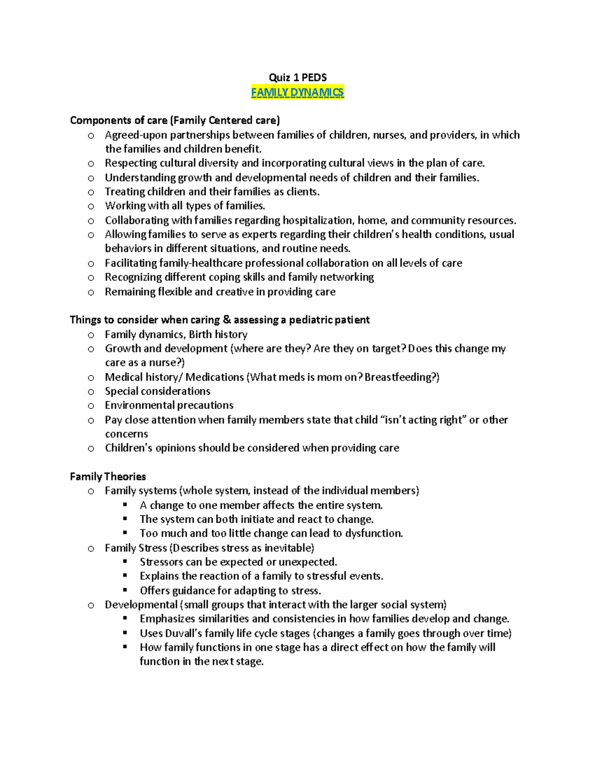 PEDS 101 Quiz 1 Study Notes on Family Dynamics and Pediatric Care - Studocu