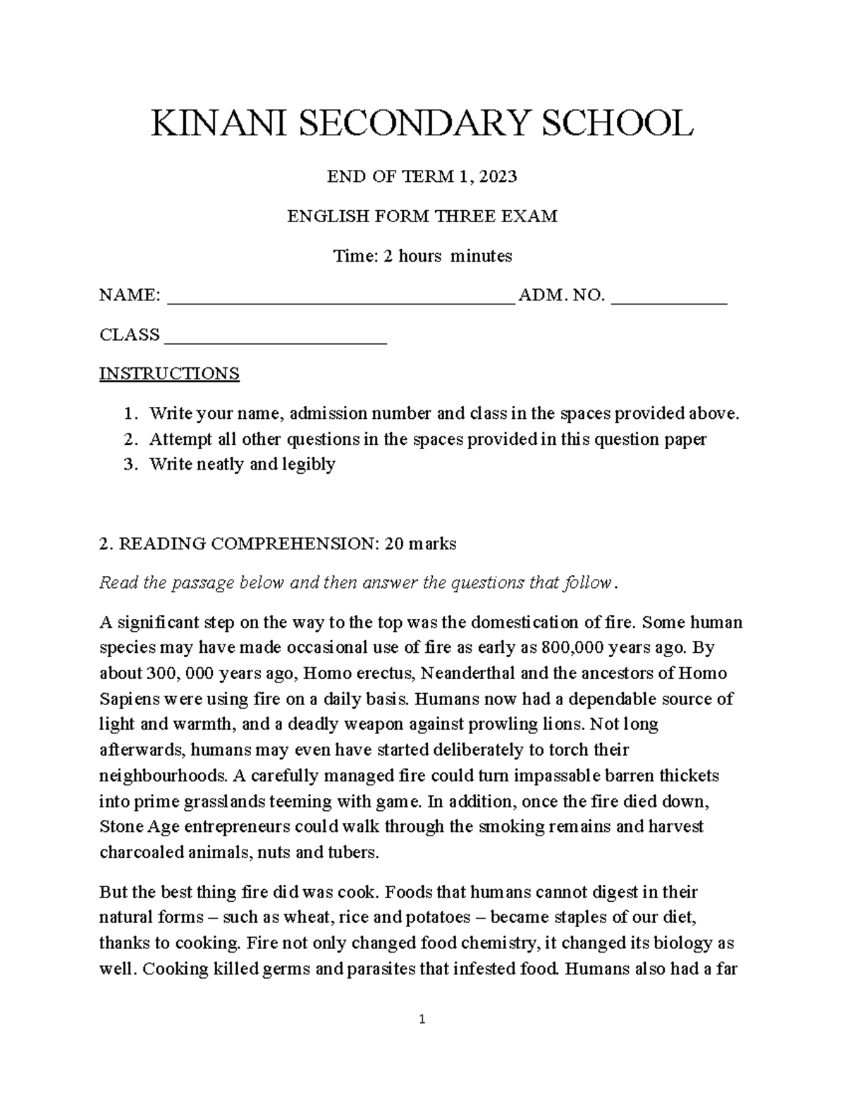 FORM 3 English End of Term 1 EXAM 2023 Questions & Answers - Studocu