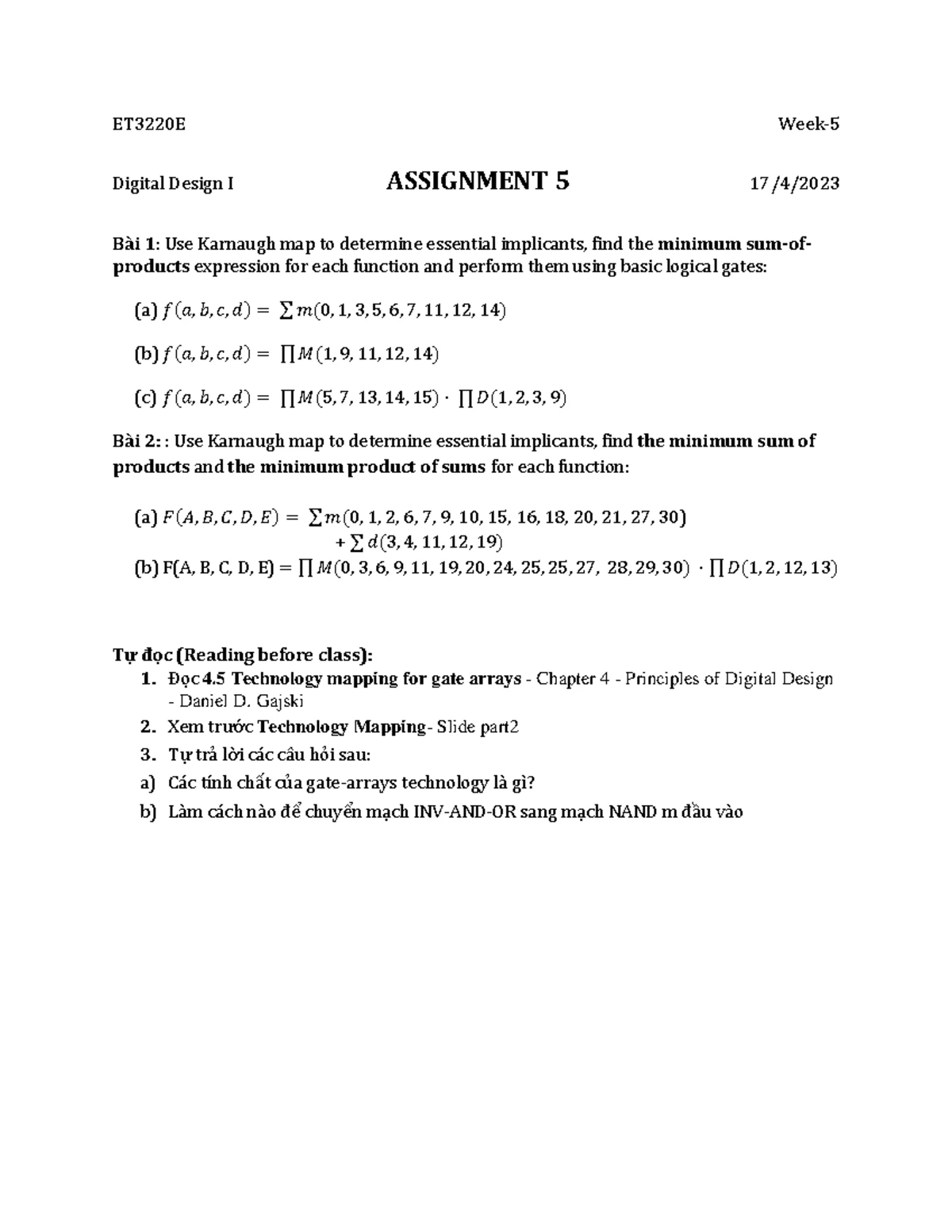 Assignment Dien tu so 2 - ASSIGNMENT 2 Week- B‡i 1: Tối giản c·c biểu ...