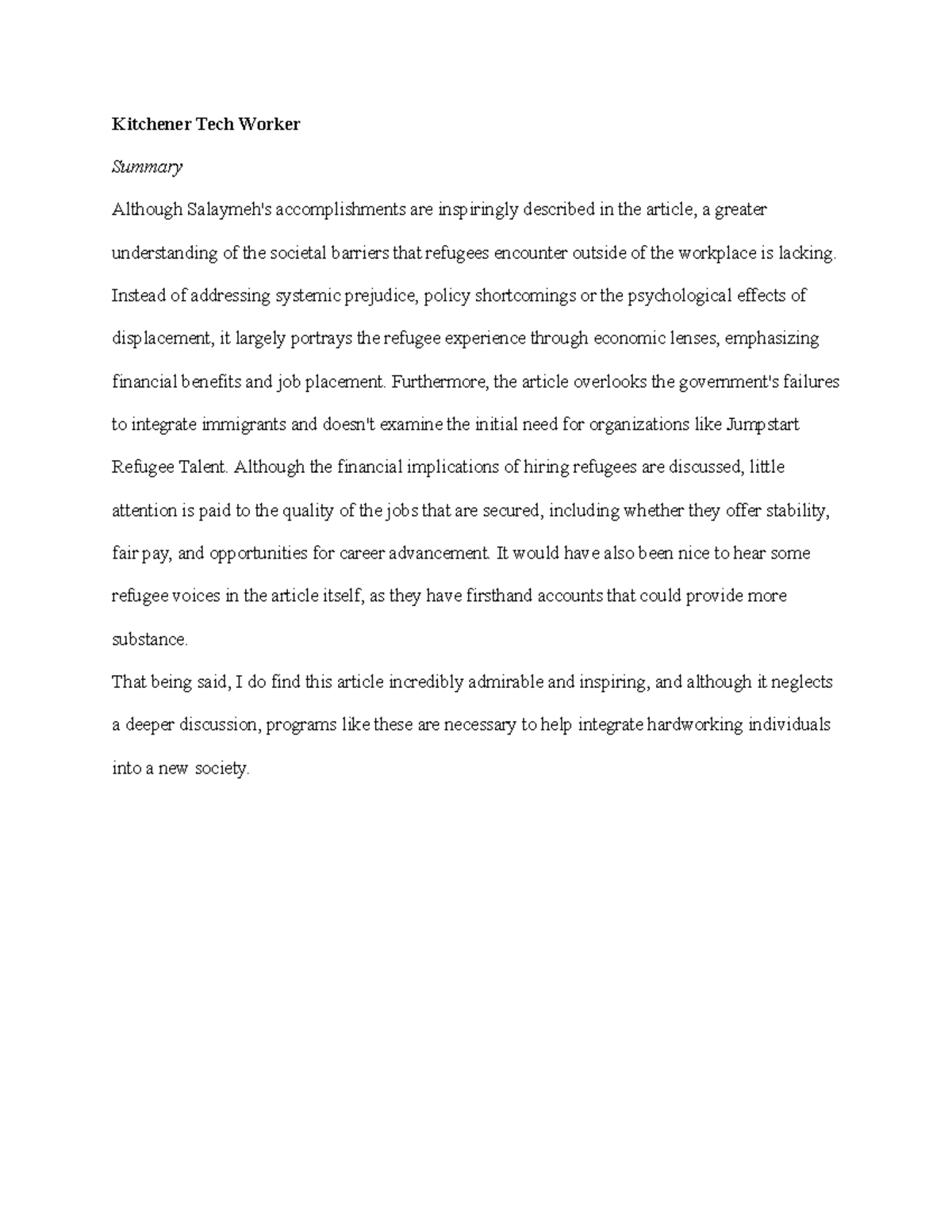 Kitchener Tech Worker Summary: Insights on Refugee Integration ...