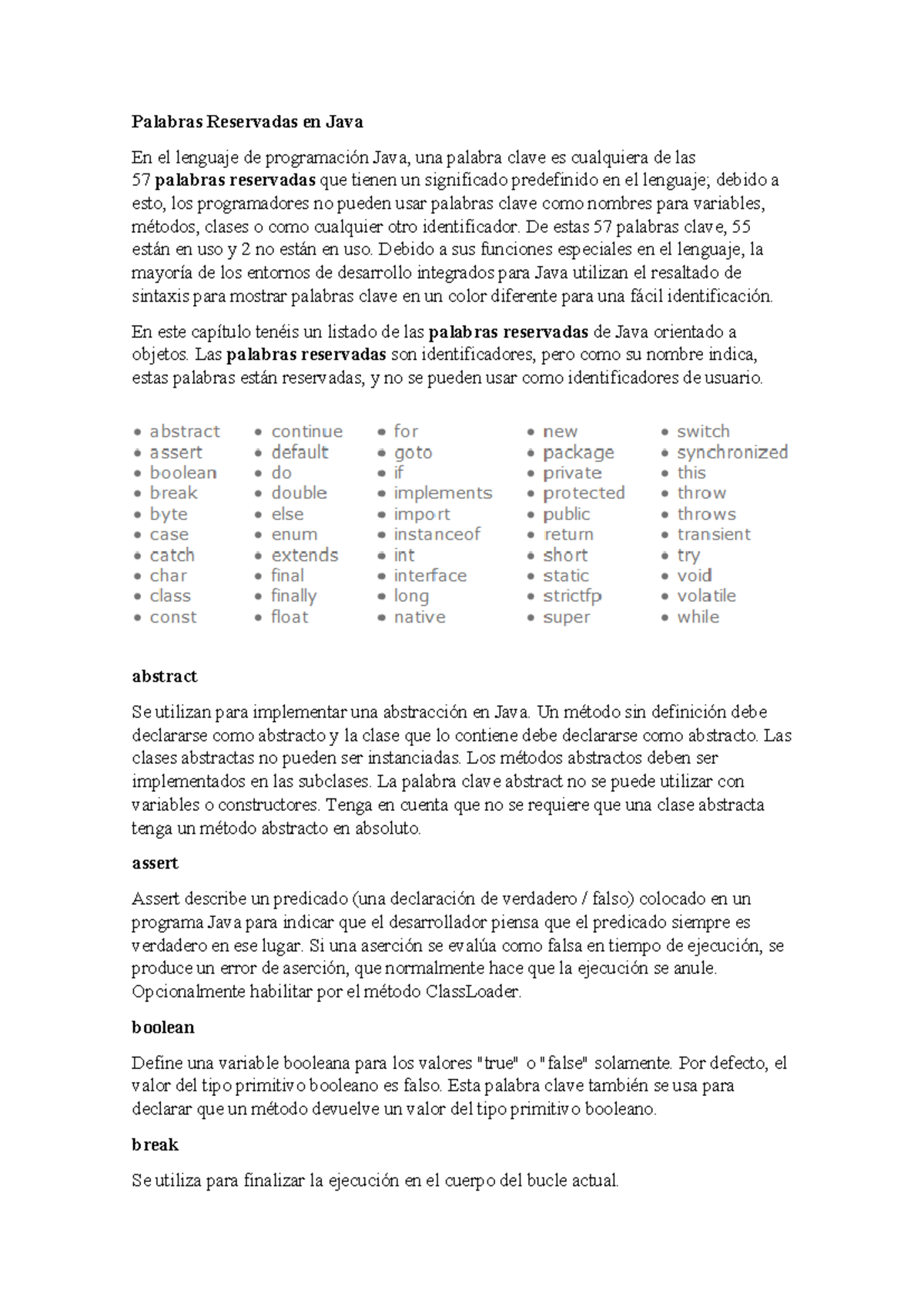 Palabras Reservadas en Java - De estas 57 palabras clave, 55 están en ...