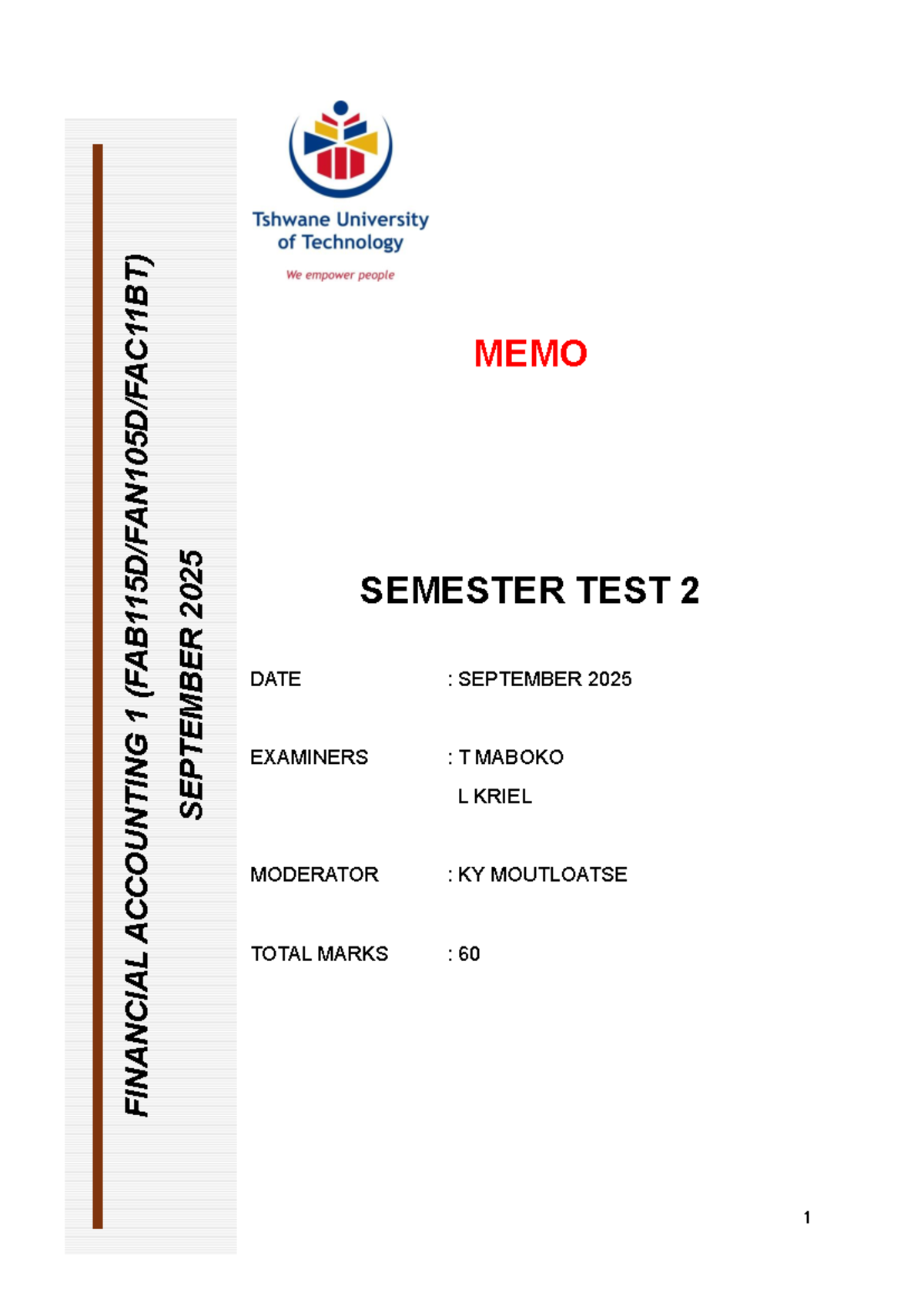 SEPT 2025 FINANCIAL ACCOUNTING 1 SEMESTER TEST 2 MEMO - Studocu