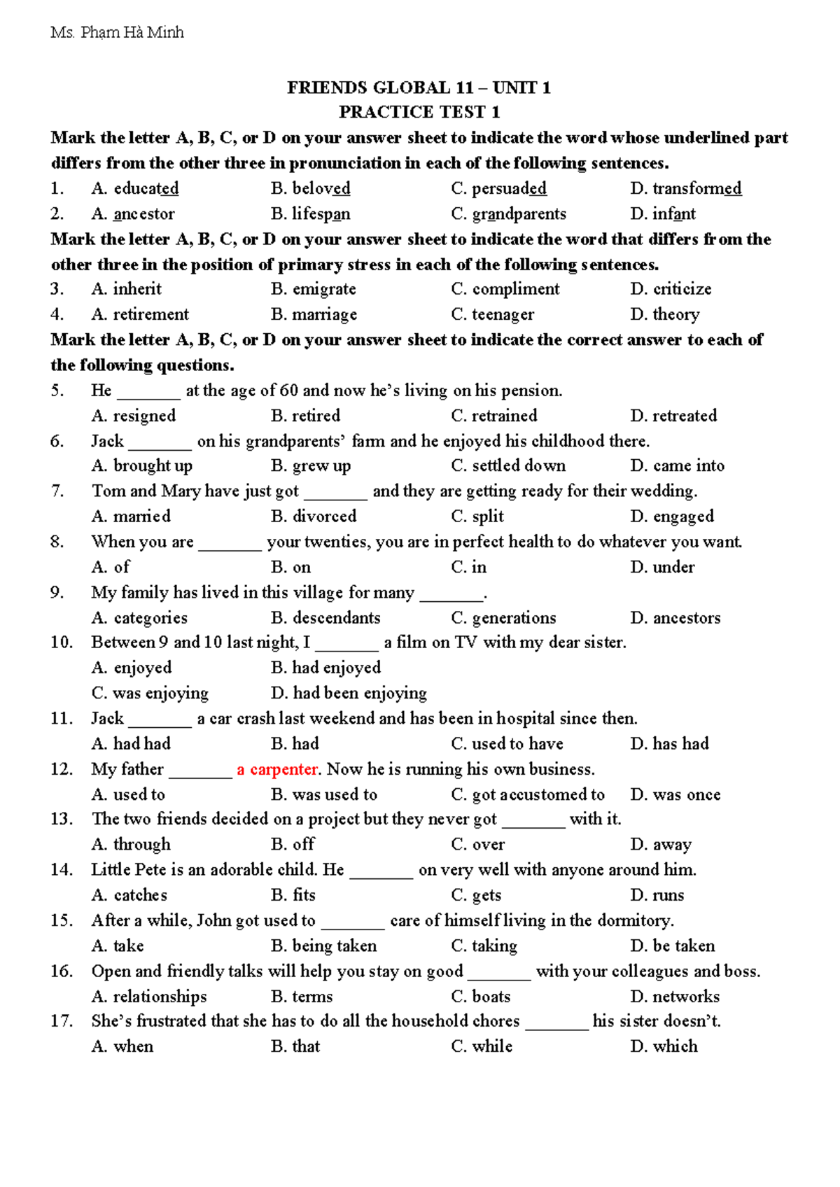 Tieng Anh 11 Friends Global - Unit 1 - Practice Test 1 - Studocu