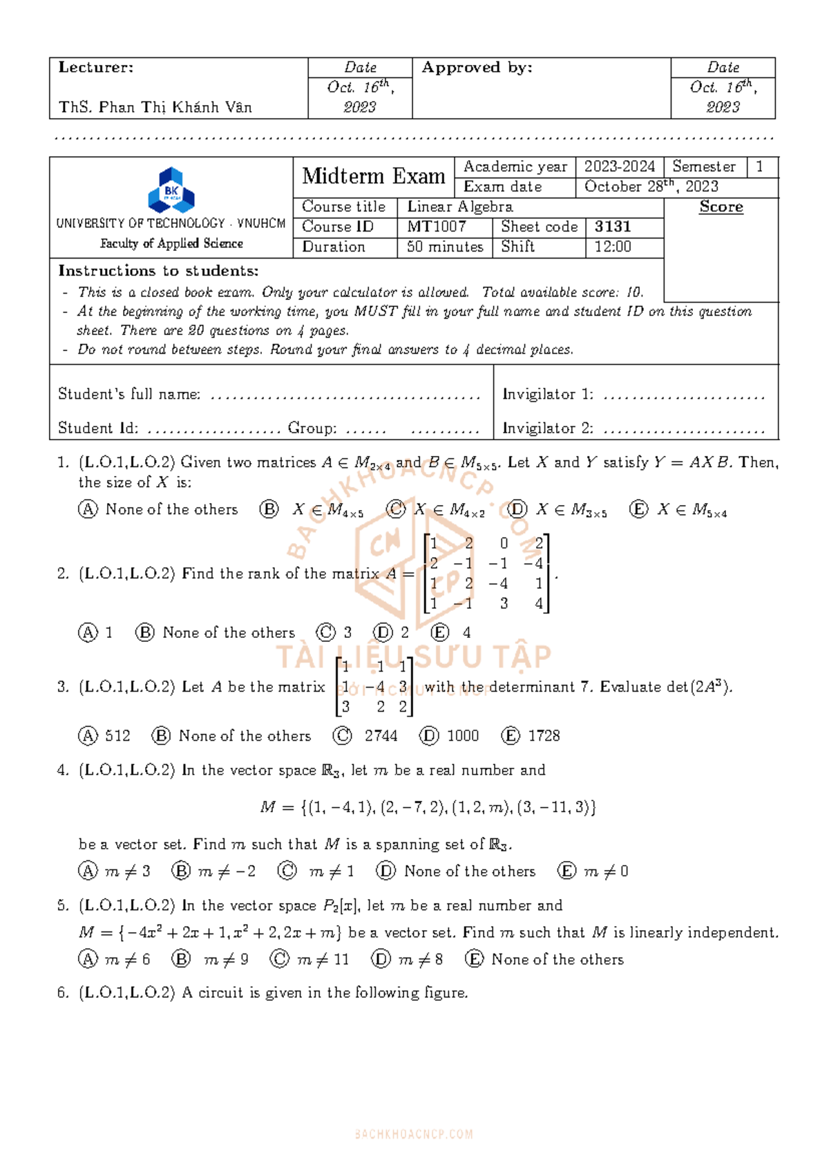 Midterm Exam MT1007 - Linear Algebra Questions and Answers - Studocu