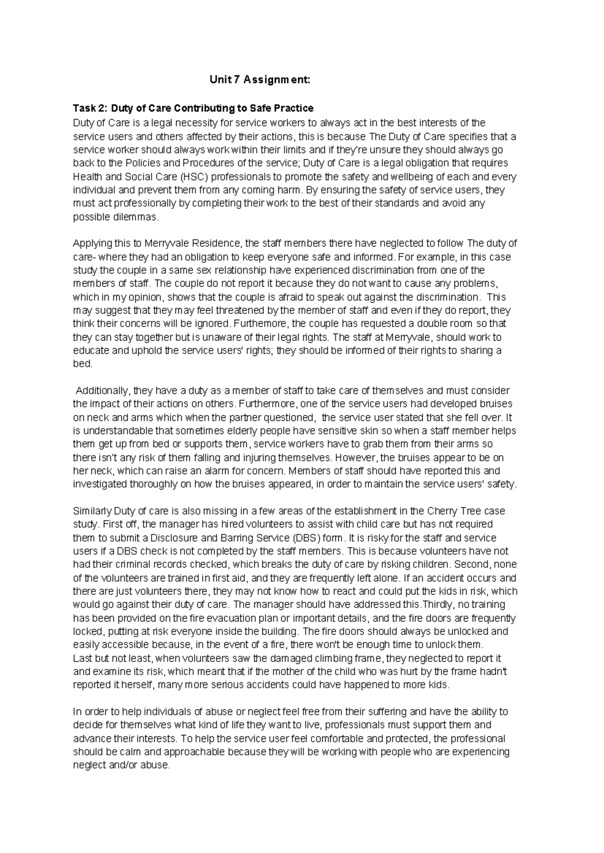 HSC 2207 Unit 7 Assignment: Duty of Care & Abuse in Care Settings - Studocu