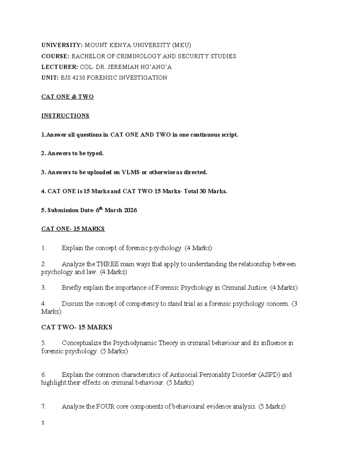 BJS 4231 CAT 1 & 2 Forensic Psychology Exam Notes - Studocu