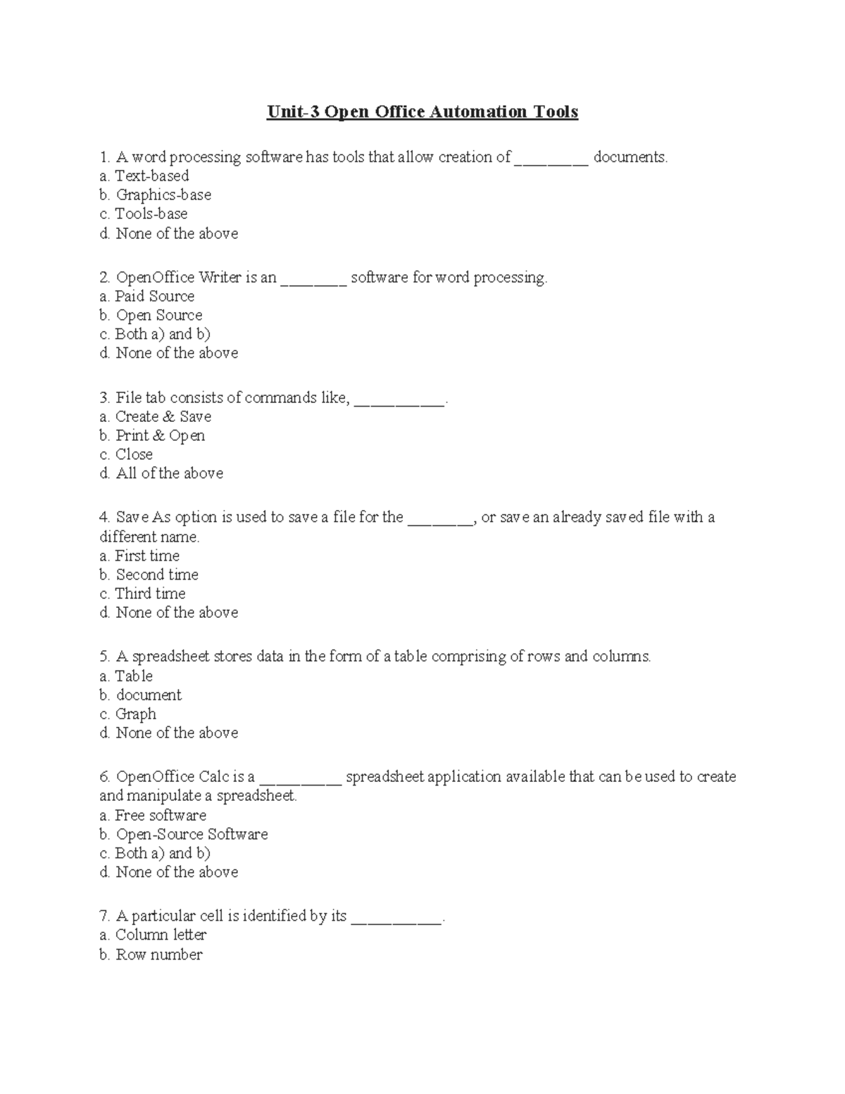 11th Unit 3 Open Office - MCQ Study Guide - Studocu