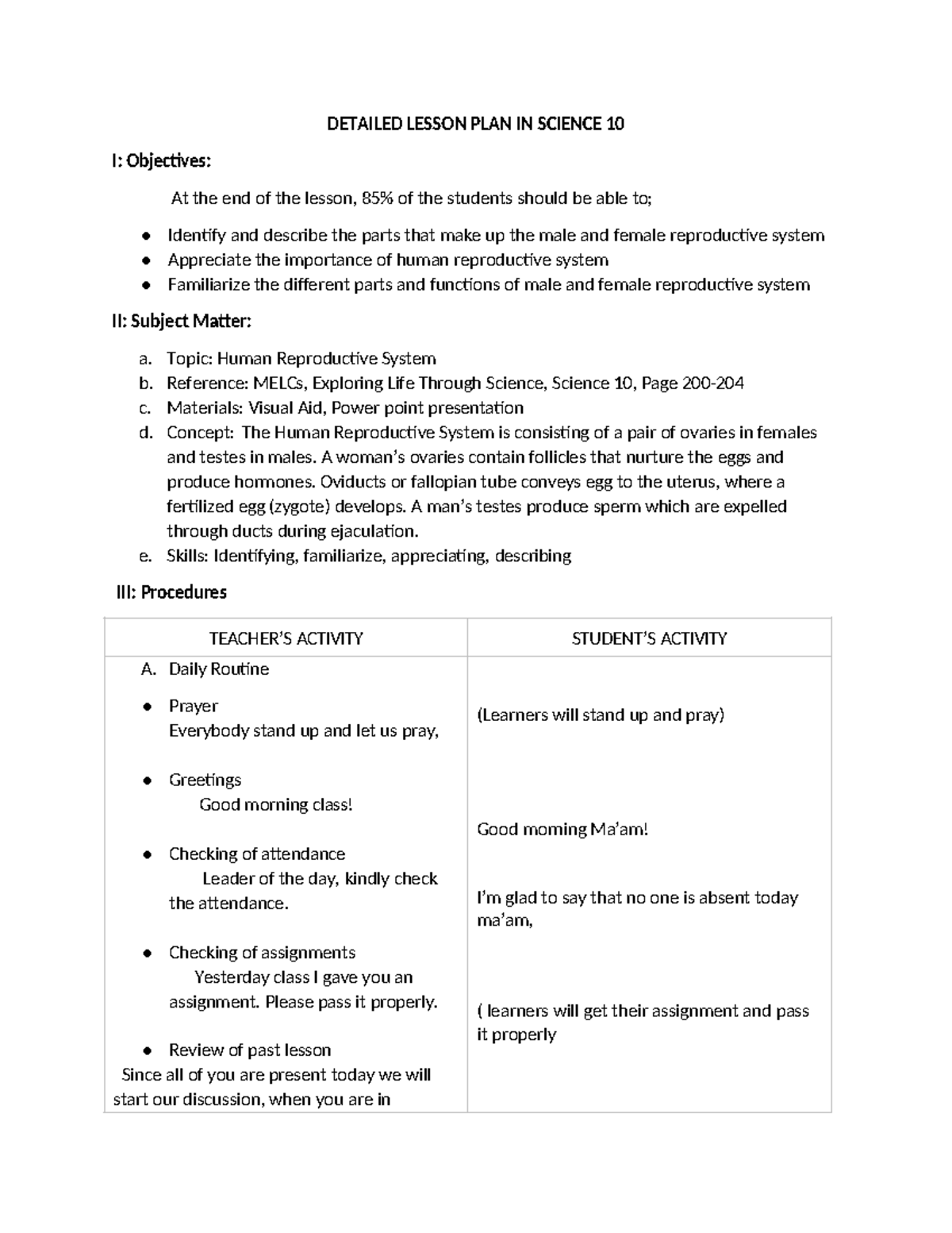 Detailed Lesson Plan on Human Reproductive System (Sci 10) - Studocu