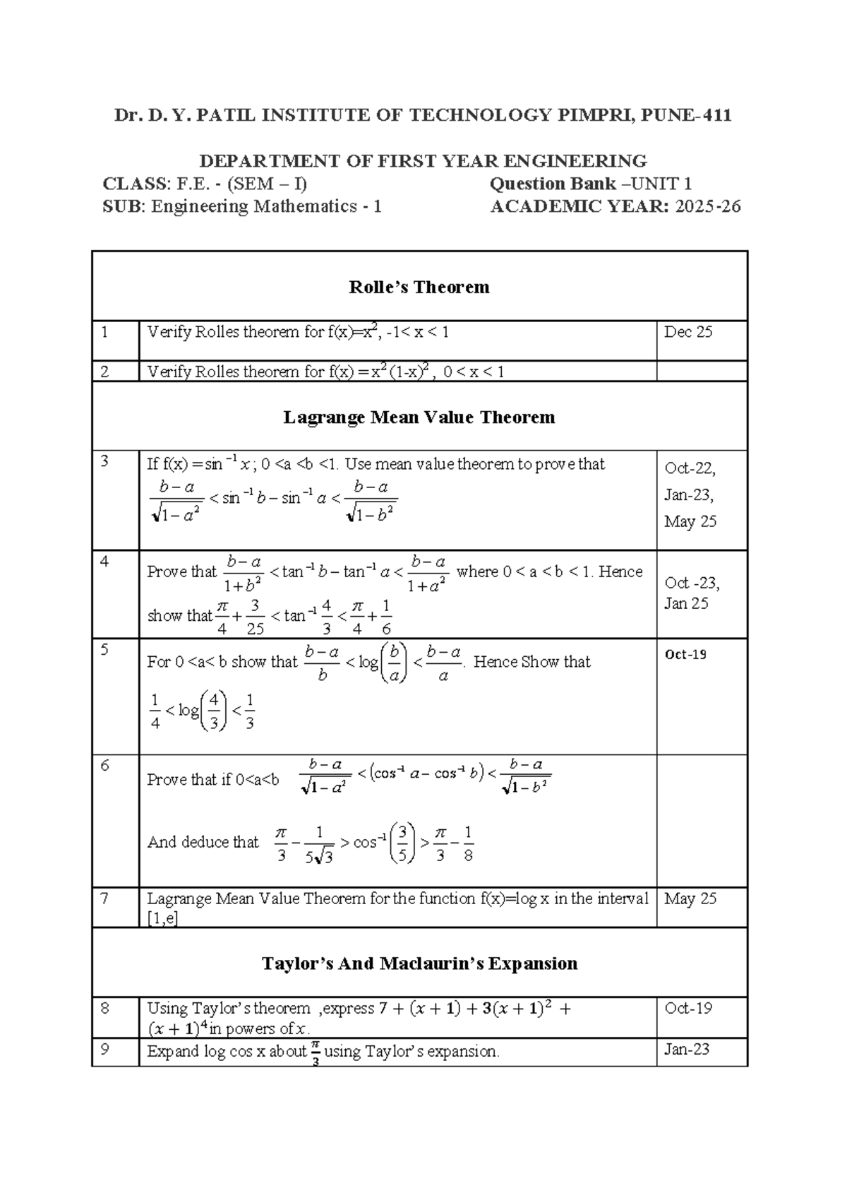 F.E. (SEM I) Engineering Mathematics 1 Question Bank M1 Unit 1 2025-26 ...