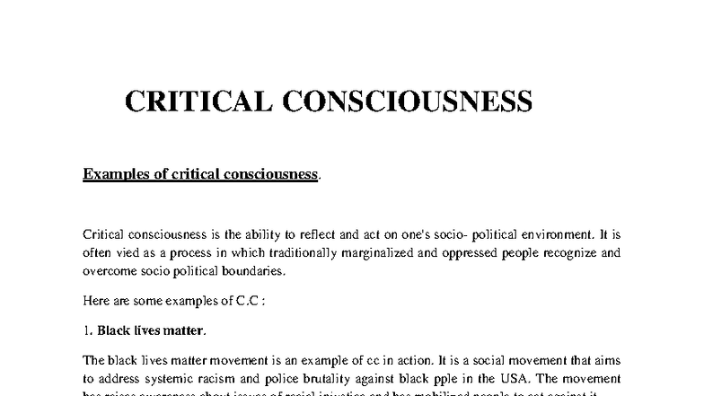CRITICAL CONSCIOUSNESS: Examples and Strategies for Social Change - Studocu