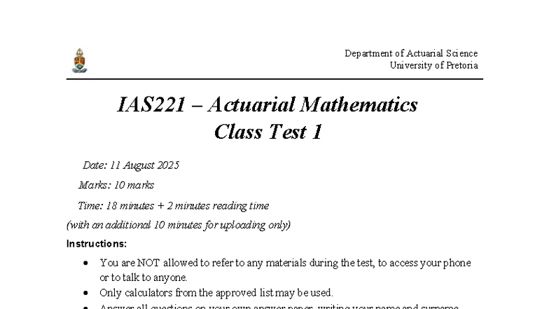 IAS221 Actuarial Mathematics Class Test 1 - 11 Aug 2025 - Studocu