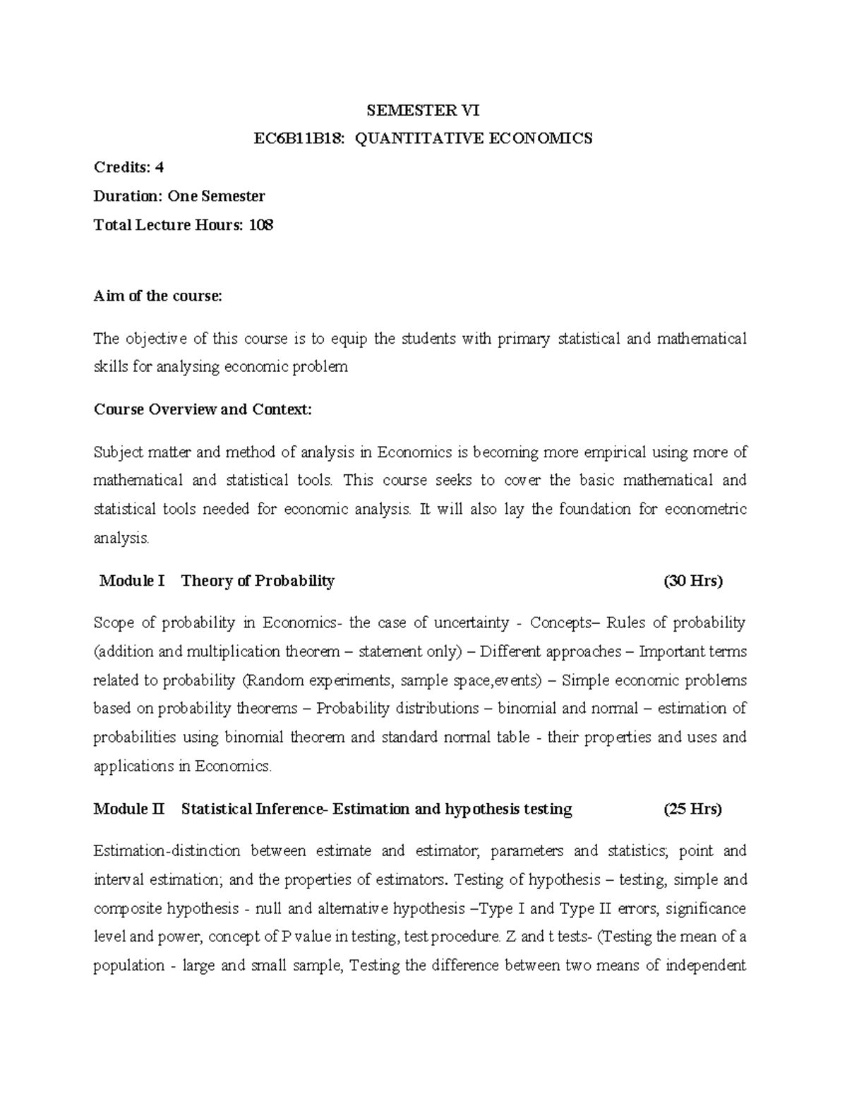 Syllabus - EC6B11B18 Quantitative Economics - Semester VI Overview ...