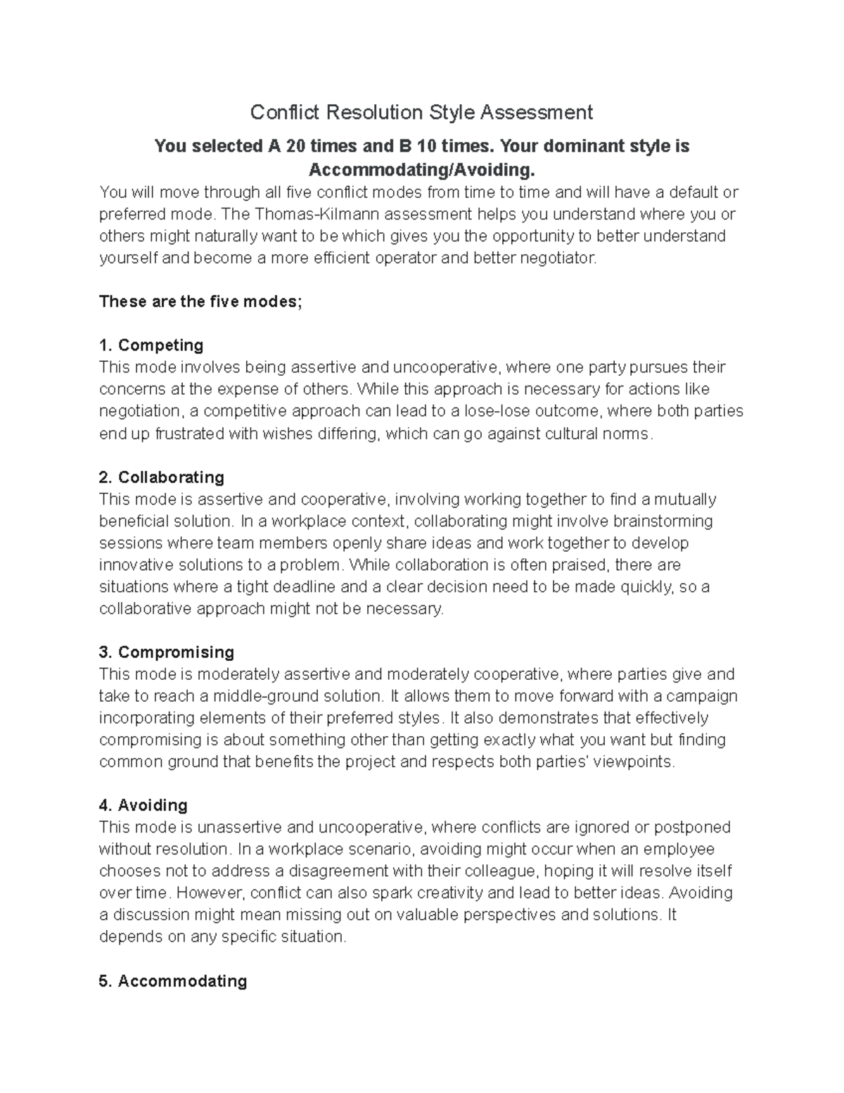 TKI Assessment: Understanding Your Conflict Resolution Styles - Studocu