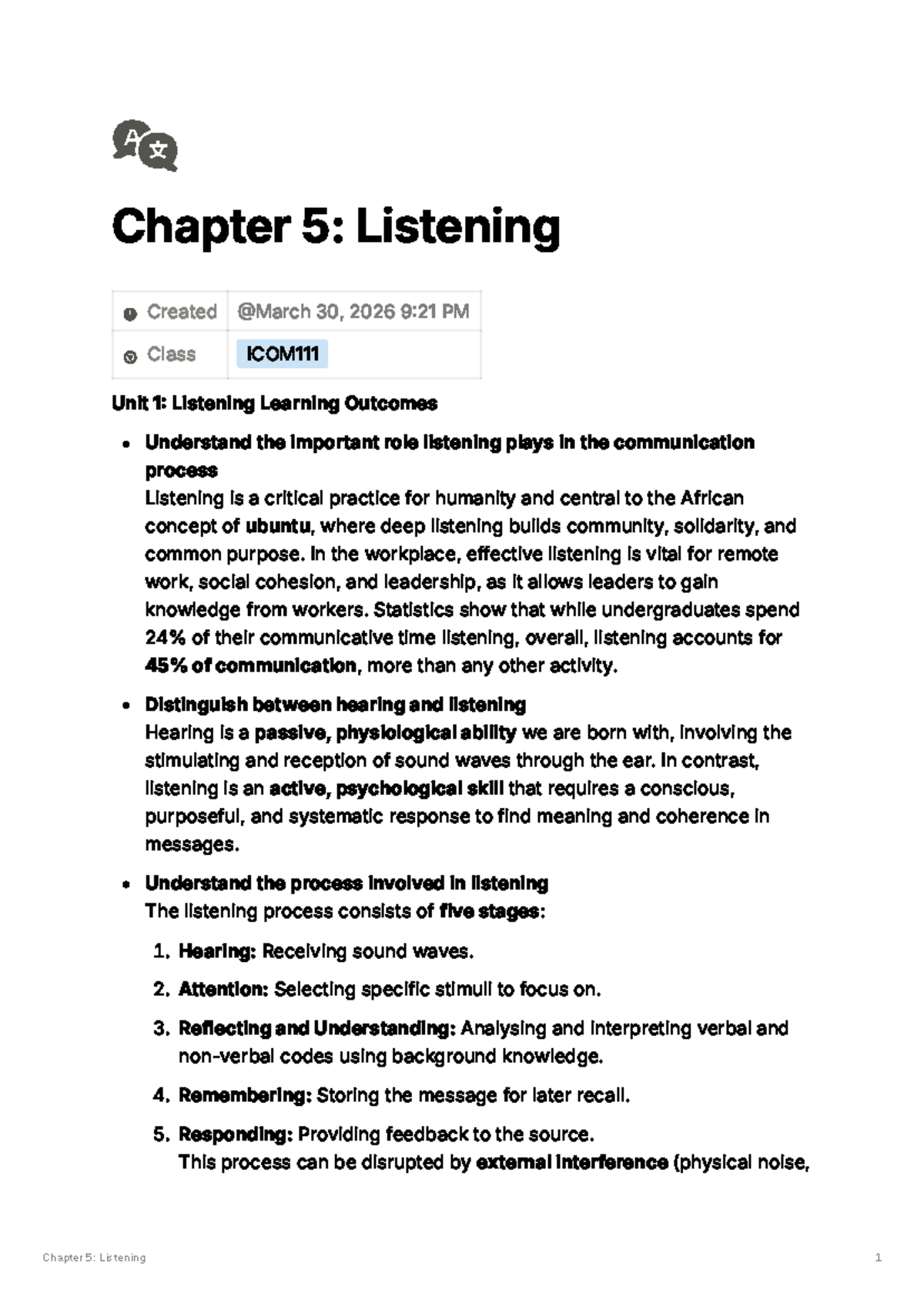 ICOM111 Chapter 5: Listening Strategies and Techniques - Studocu