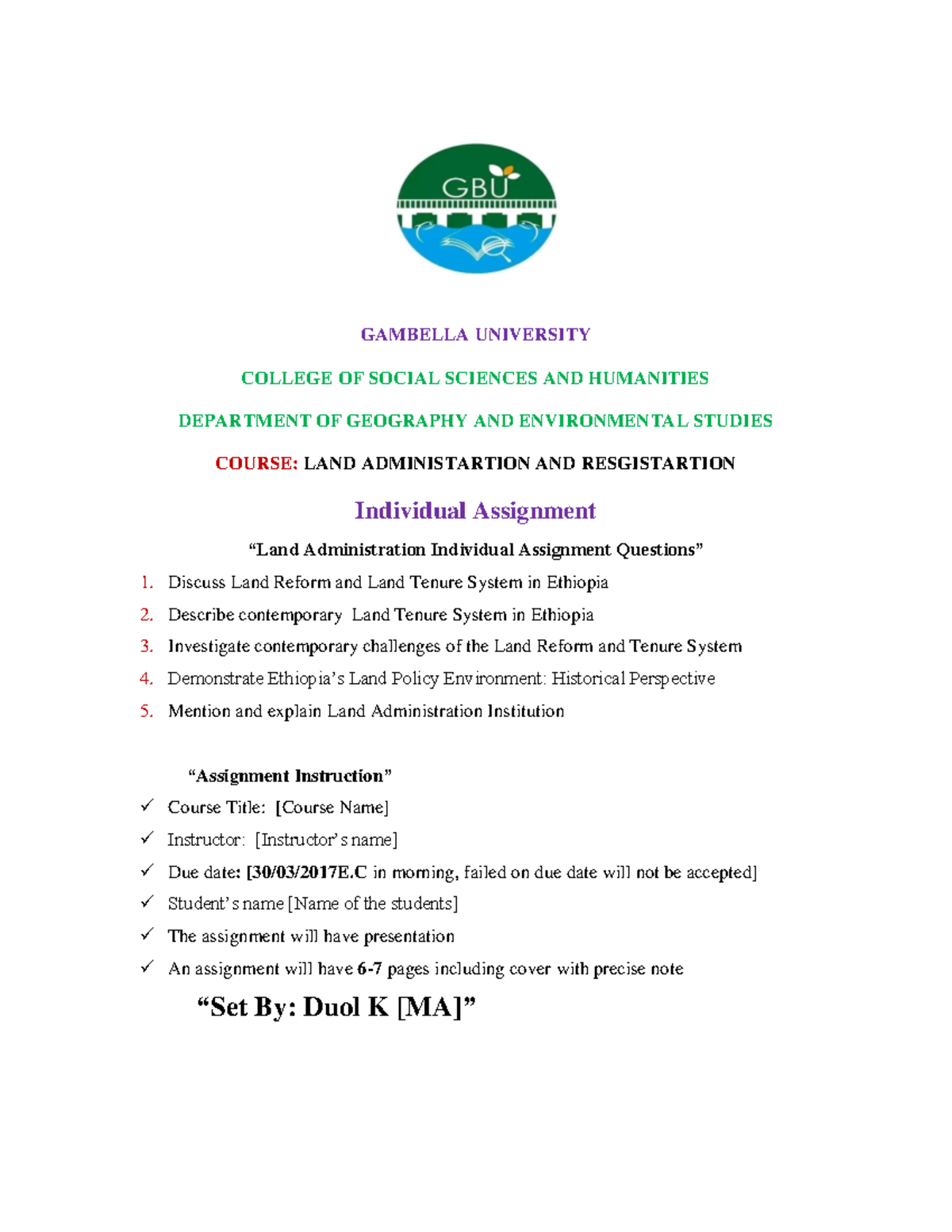 Land Administration Course Individual Assignment - GAMBELLA UNIVERSITY ...