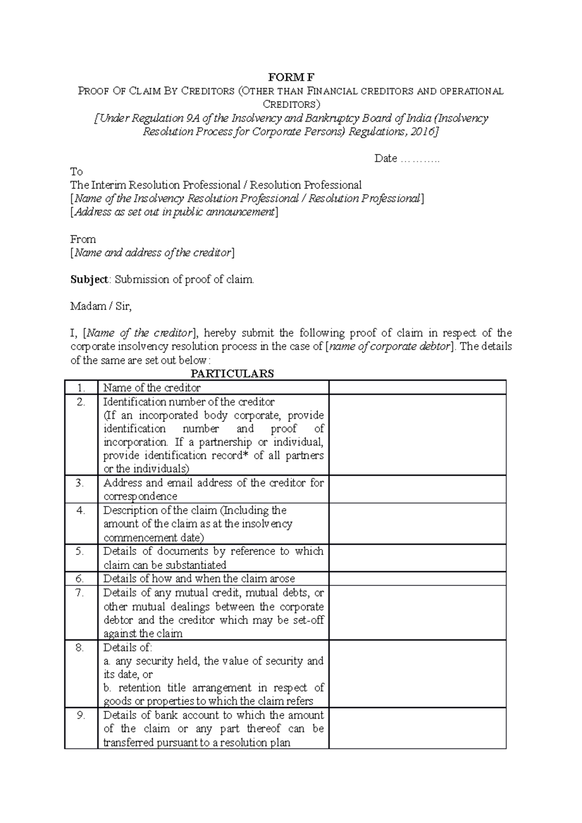 Nclat - Form F for claim procedure - FORM F PROOF OF CLAIM BY CREDITORS ...