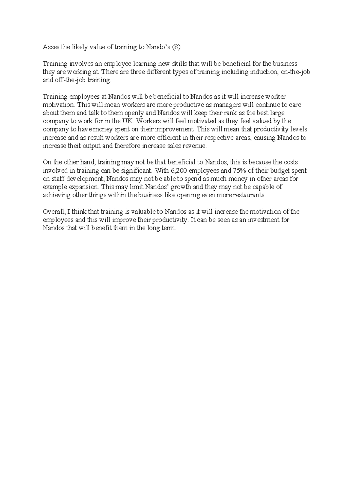 Evaluating the Value of Employee Training for Nando's (Case Study ...