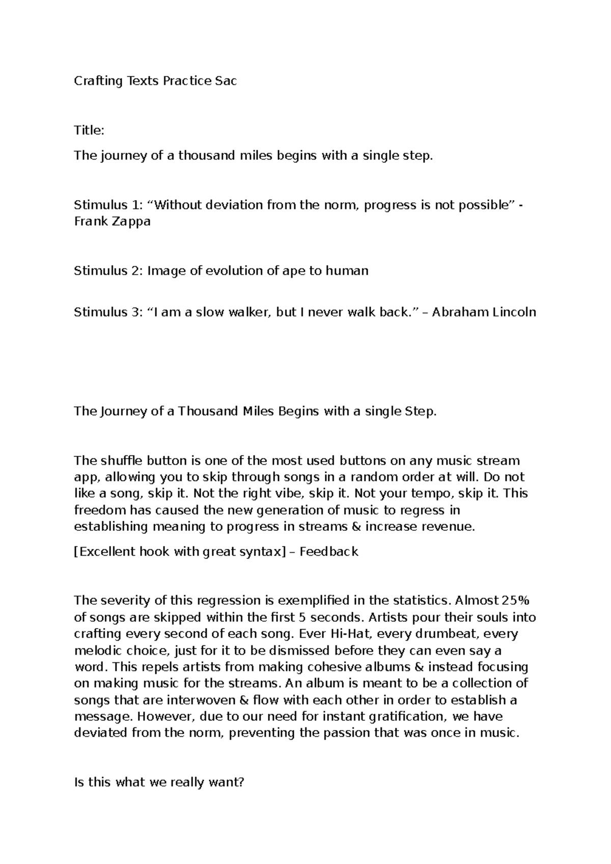Crafting Texts Practice SAC: The Impact of Music Streaming on ...