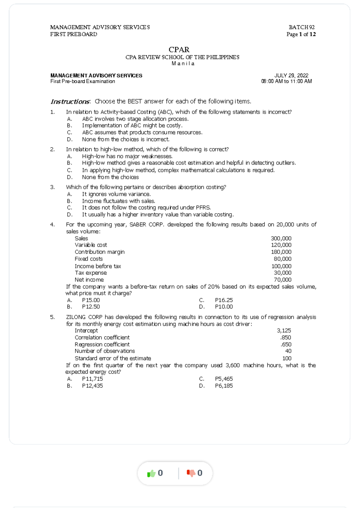 MANAGEMENT ADVISORY SERVICES FIRST PREBOARD BATCH 92 EXAM REVIEW - Studocu