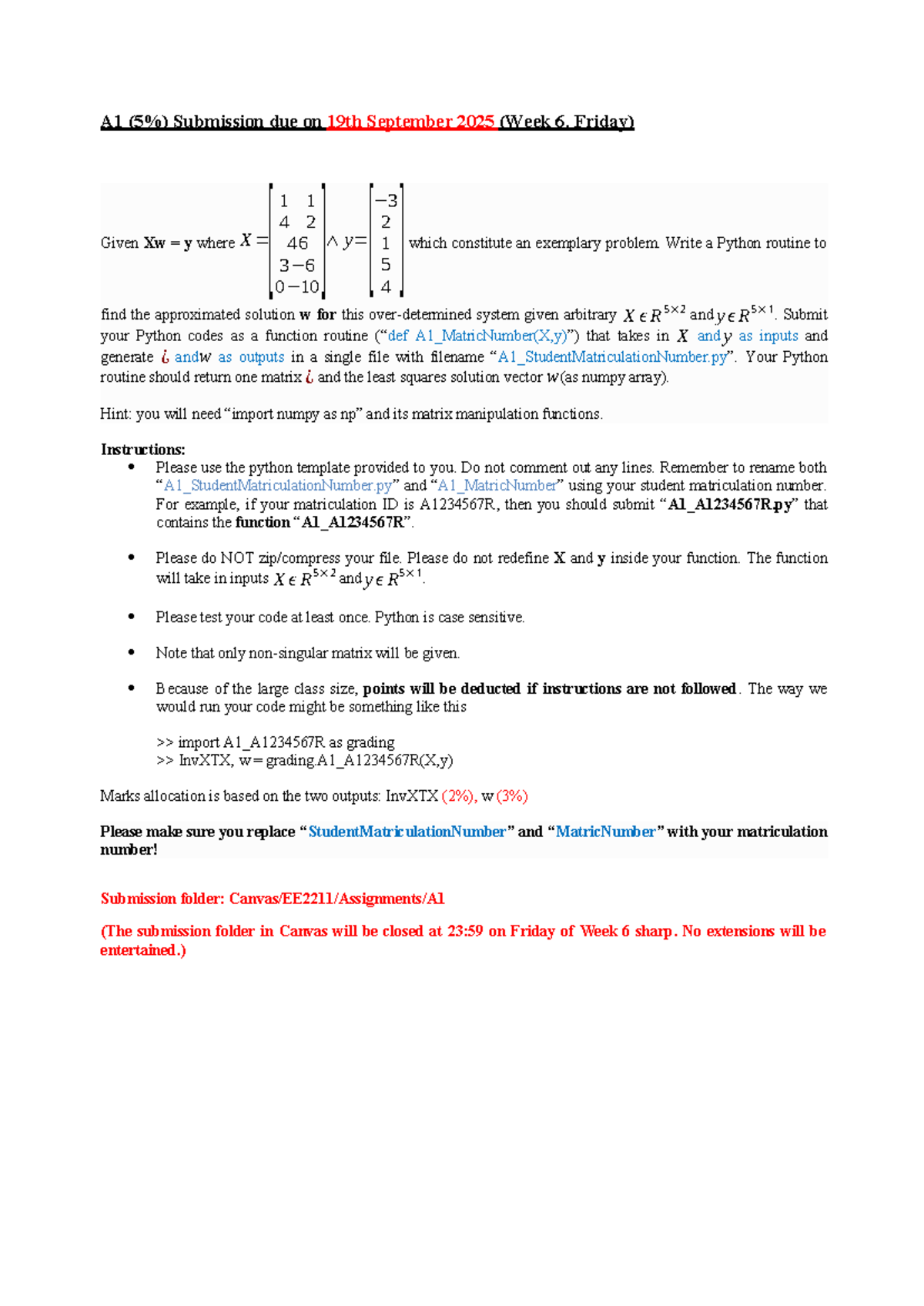 Assignment 1 (A1) 2025-S1: Python Routine for Least Squares Solution ...