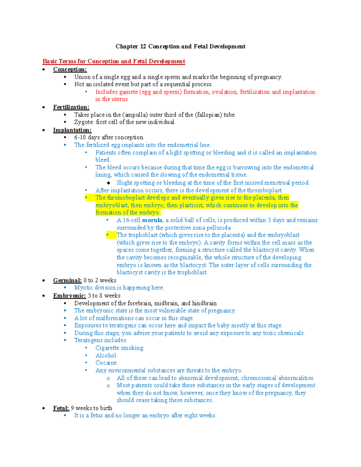 OB 101: Exam One Study Guide on Conception & Fetal Development - Studocu