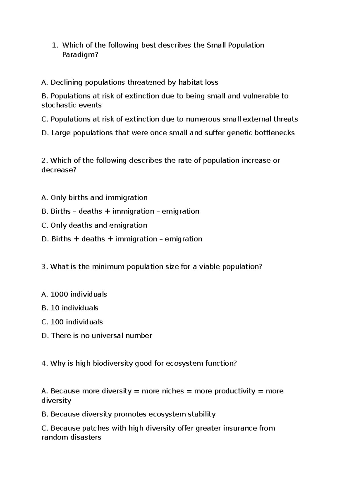 Practise Exam Questions for BIOL2024: Conservation & Biodiversity - Studocu