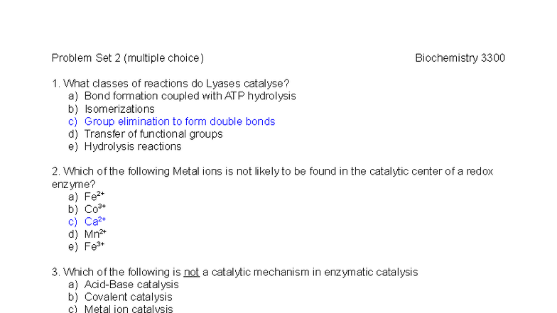Problem Set 2 (Multiple Choice) - Biochemistry 3300 - Studocu