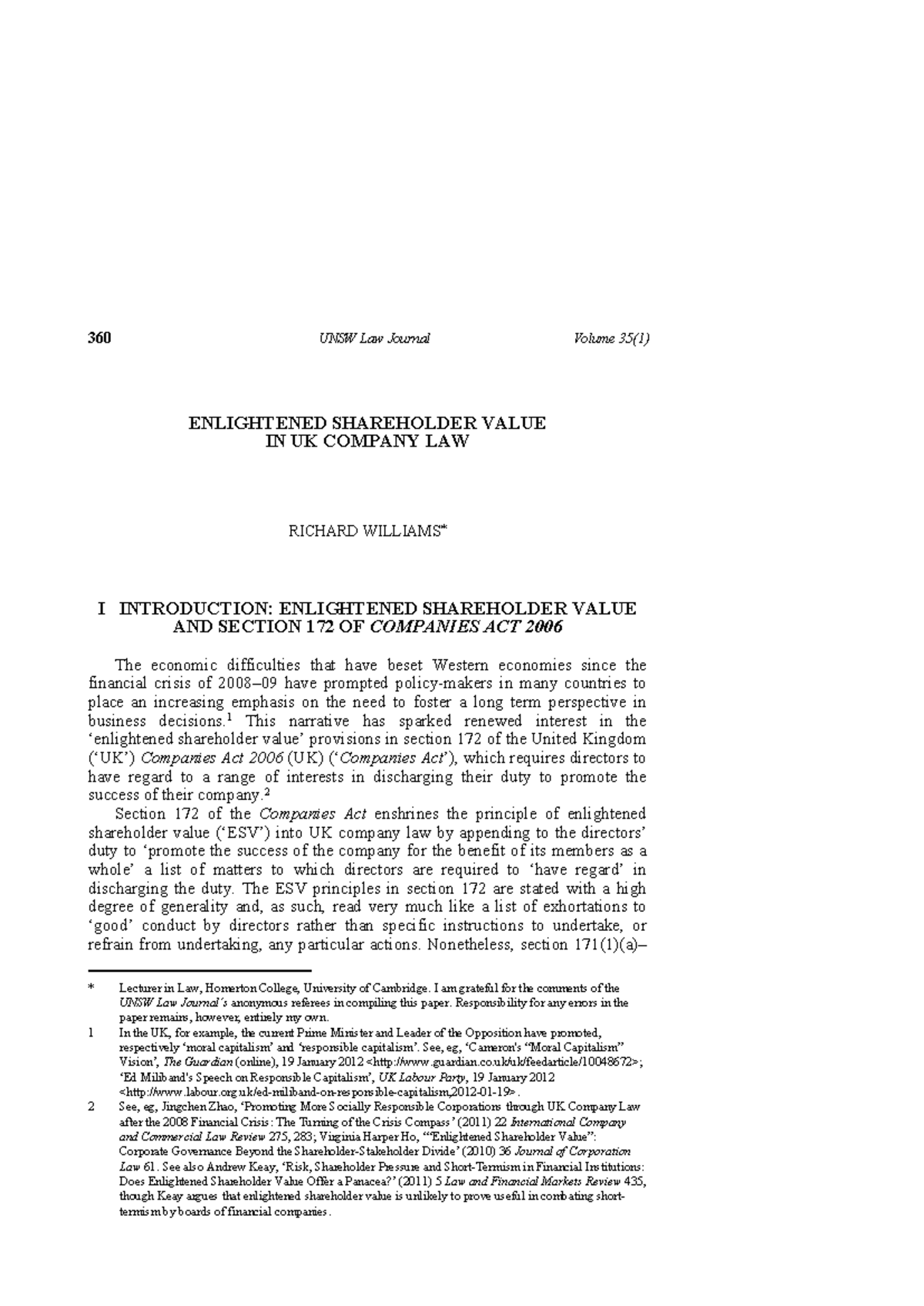 ESV in UK Company Law: Analysis of Section 172 of the Companies Act ...