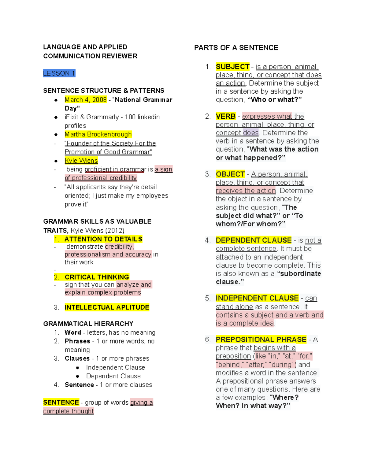 LAC Reviewer: Lesson 1 - Sentence Structure Patterns and Grammar Skills ...
