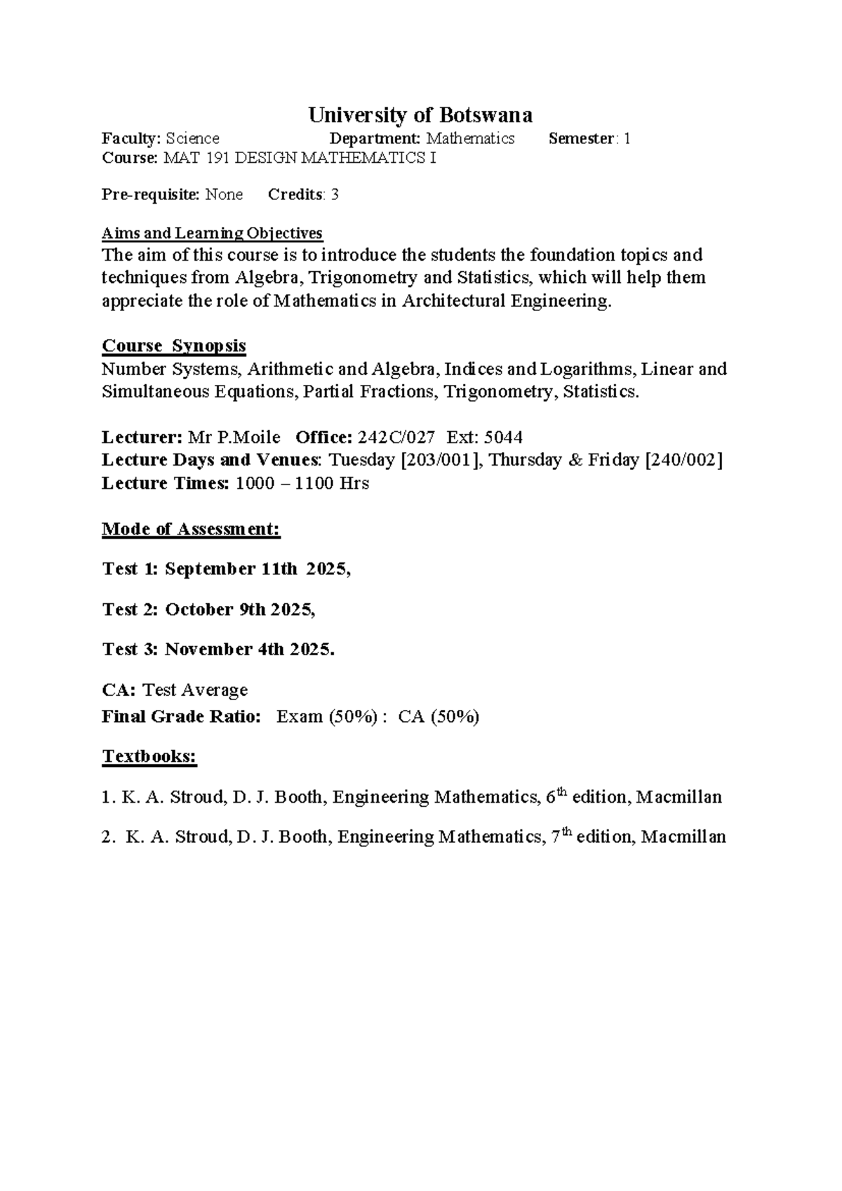 MAT 191 Course Outline: Design Mathematics I (2025 Semester 1) - Studocu