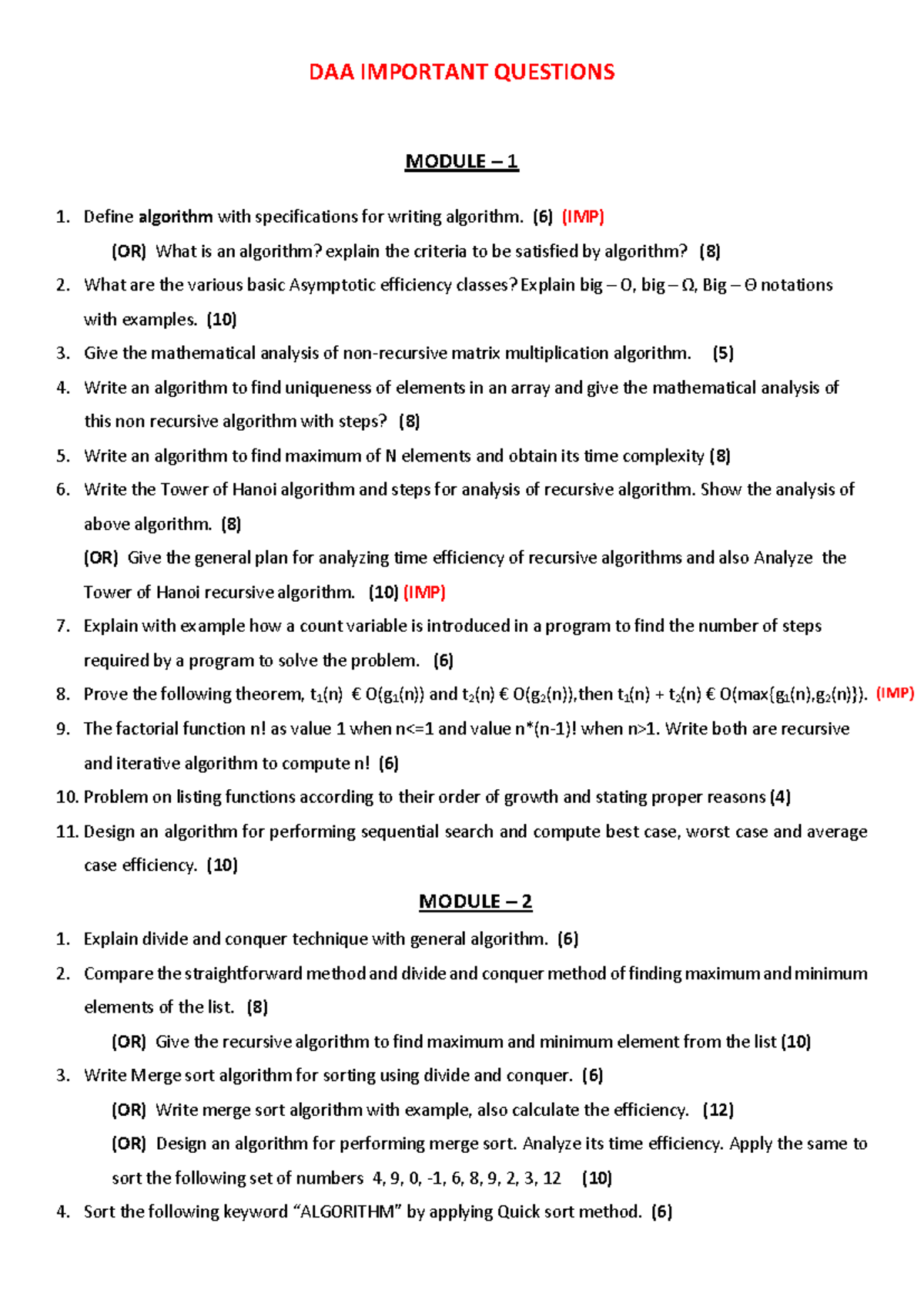 DAA Important Questions for Exam Preparation (DAA 101) - Studocu