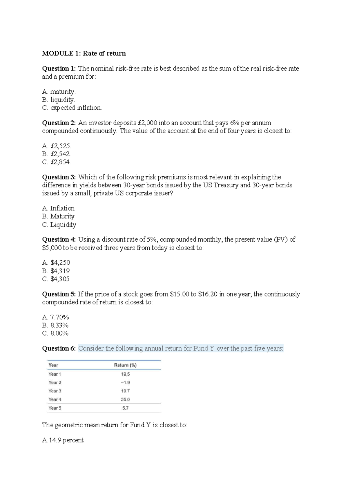 MODULE 1: Rate of Return Homework Questions and Answers - Studocu