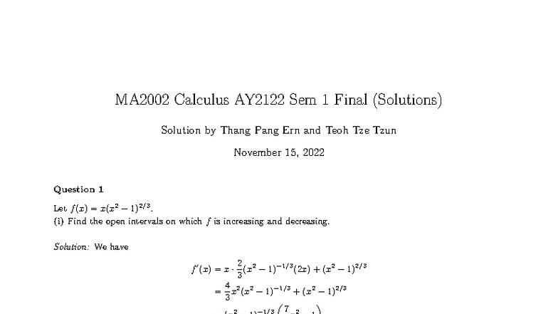 2122SEM1-MA2002 Calculus Final Exam Solutions - Studocu