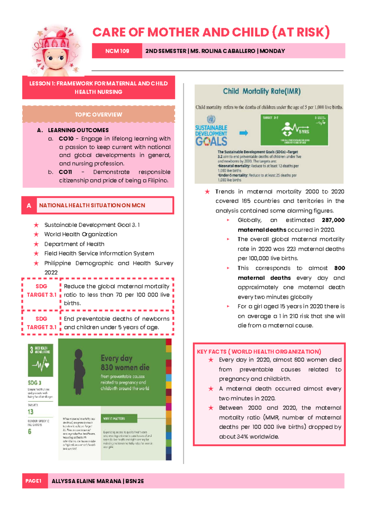 Maternal and Child Health Nursing Framework NCM 109 Lesson 1 - Studocu