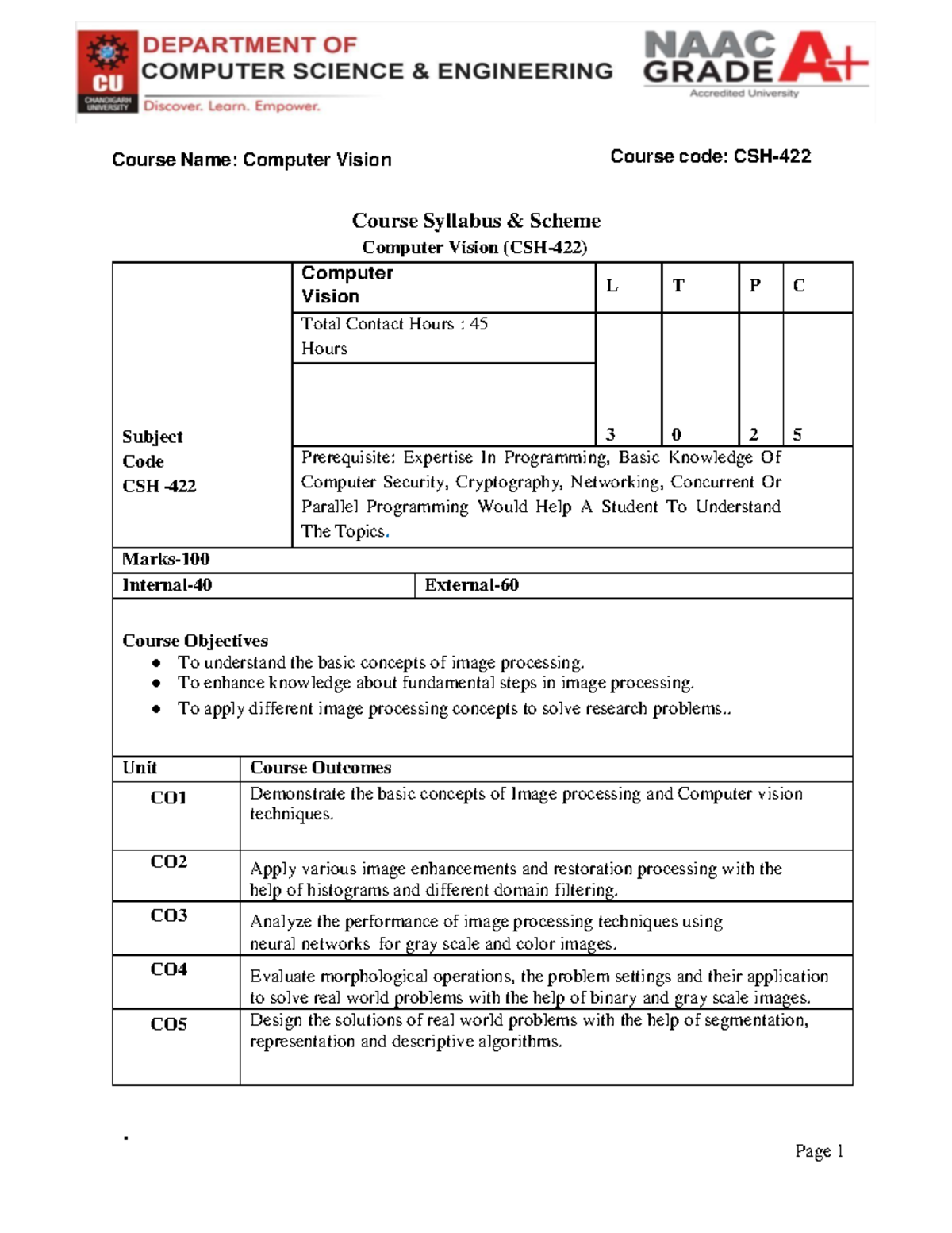 Computer Vision Syllabus (CSH 301) - Course Overview and Objectives ...