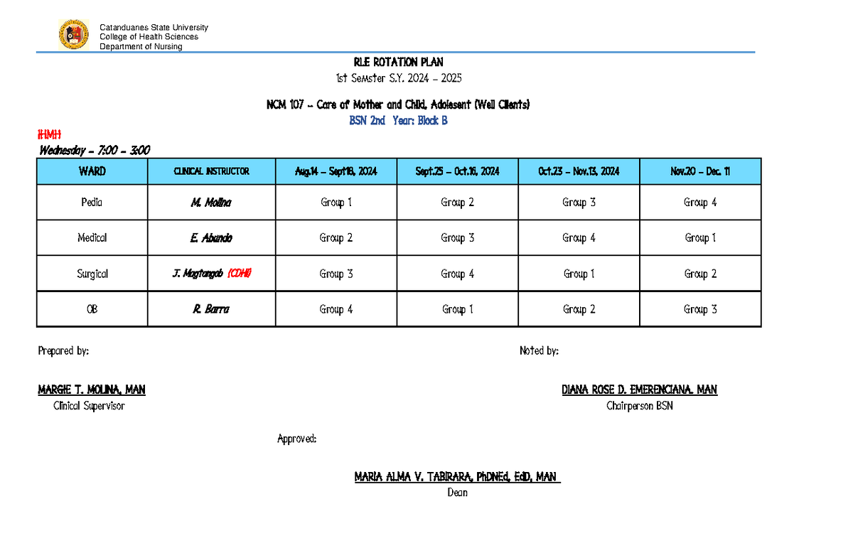NCM 107 RLE Rotation Plan 1st Sem 2024-2025 for BSN 2nd Year - Studocu
