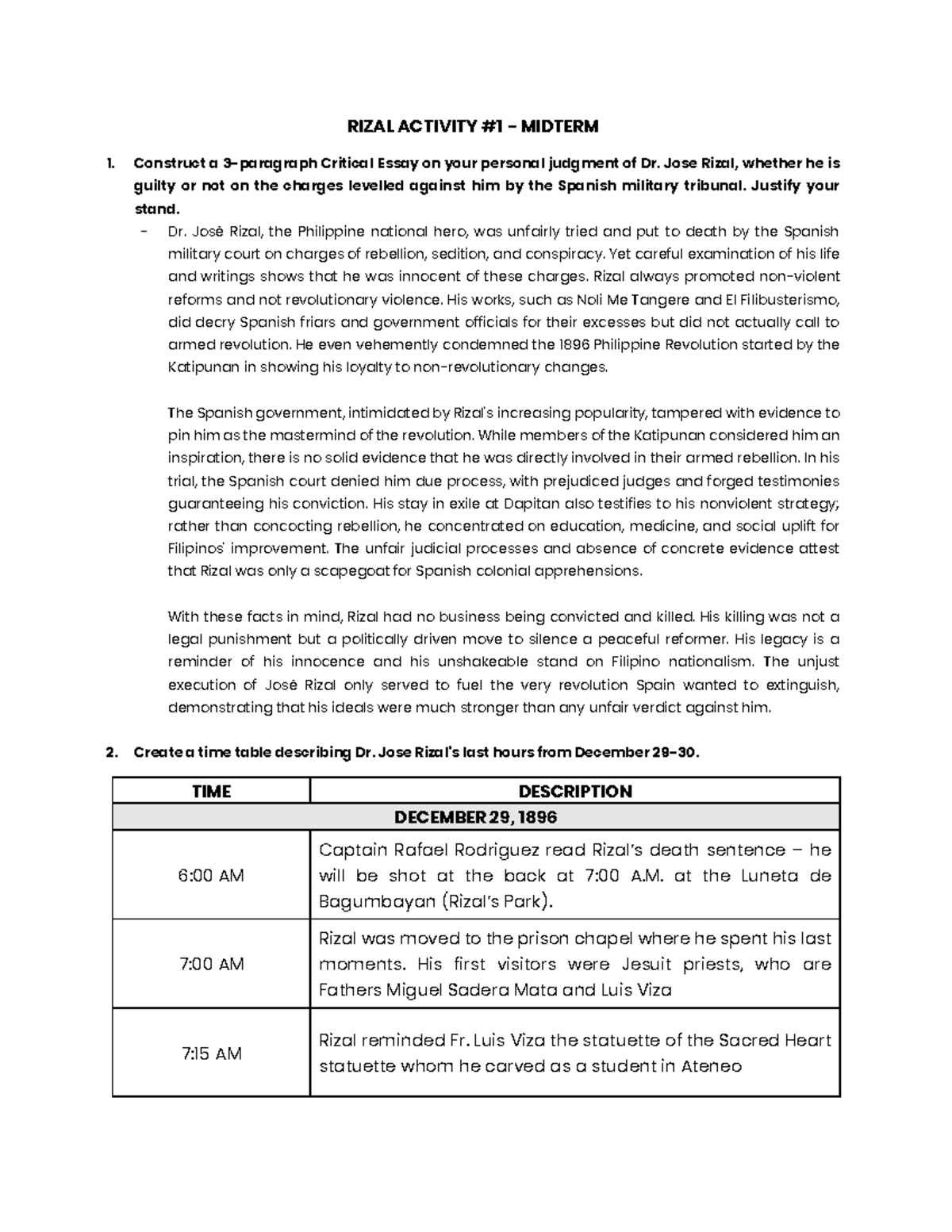 RIZAL ACTIVITY MIDTERM: Critical Essay on Dr. Jose Rizal's Innocence ...