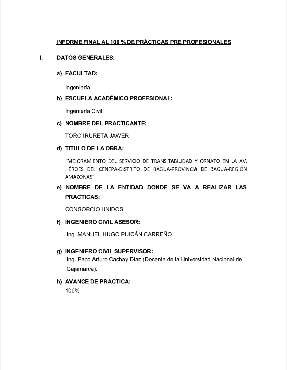 INFORME FINAL DE PRÁCTICAS PRE PROFESIONALES I - AV. HÉROES DEL ...