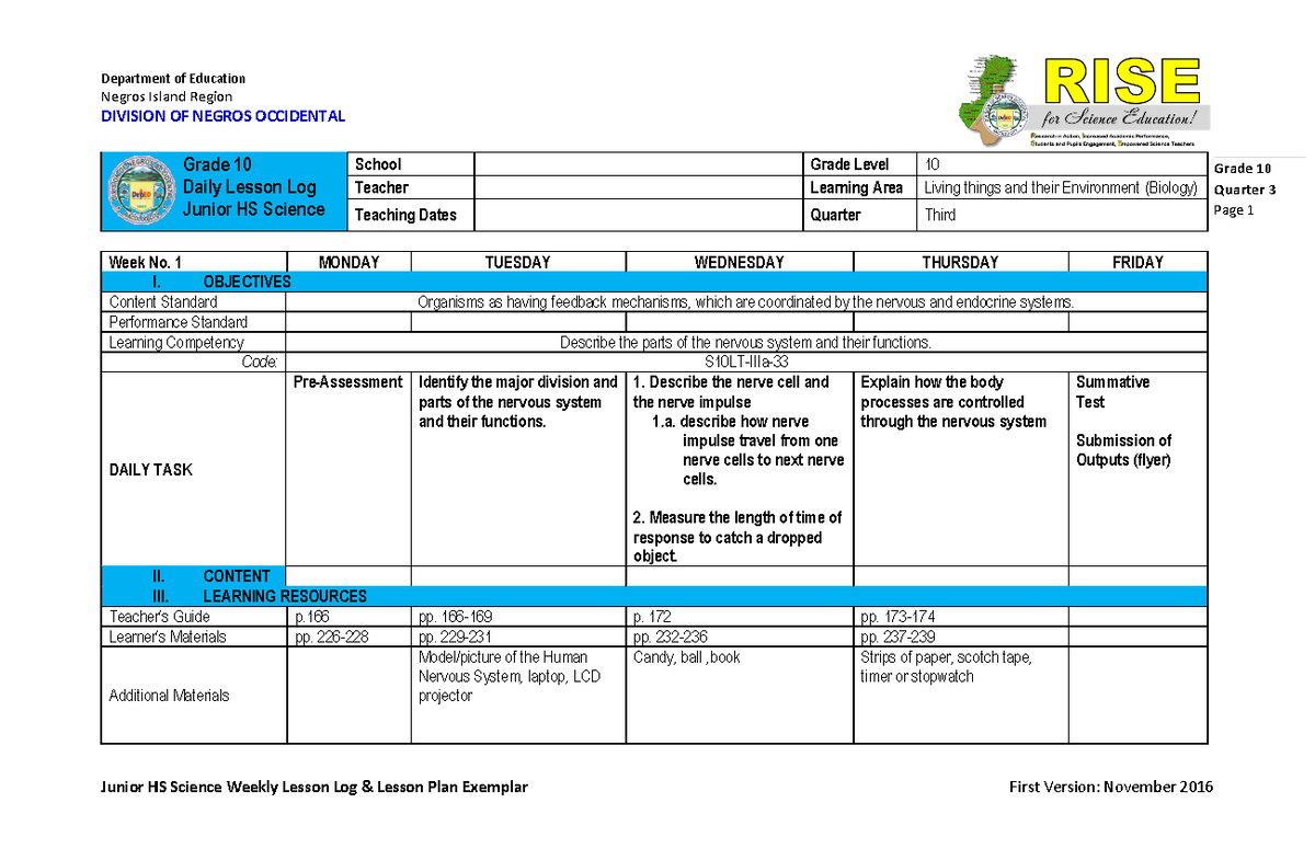 Grade 10 Science Daily Lesson Log - 3rd Quarter (Weeks 1-4) - Studocu