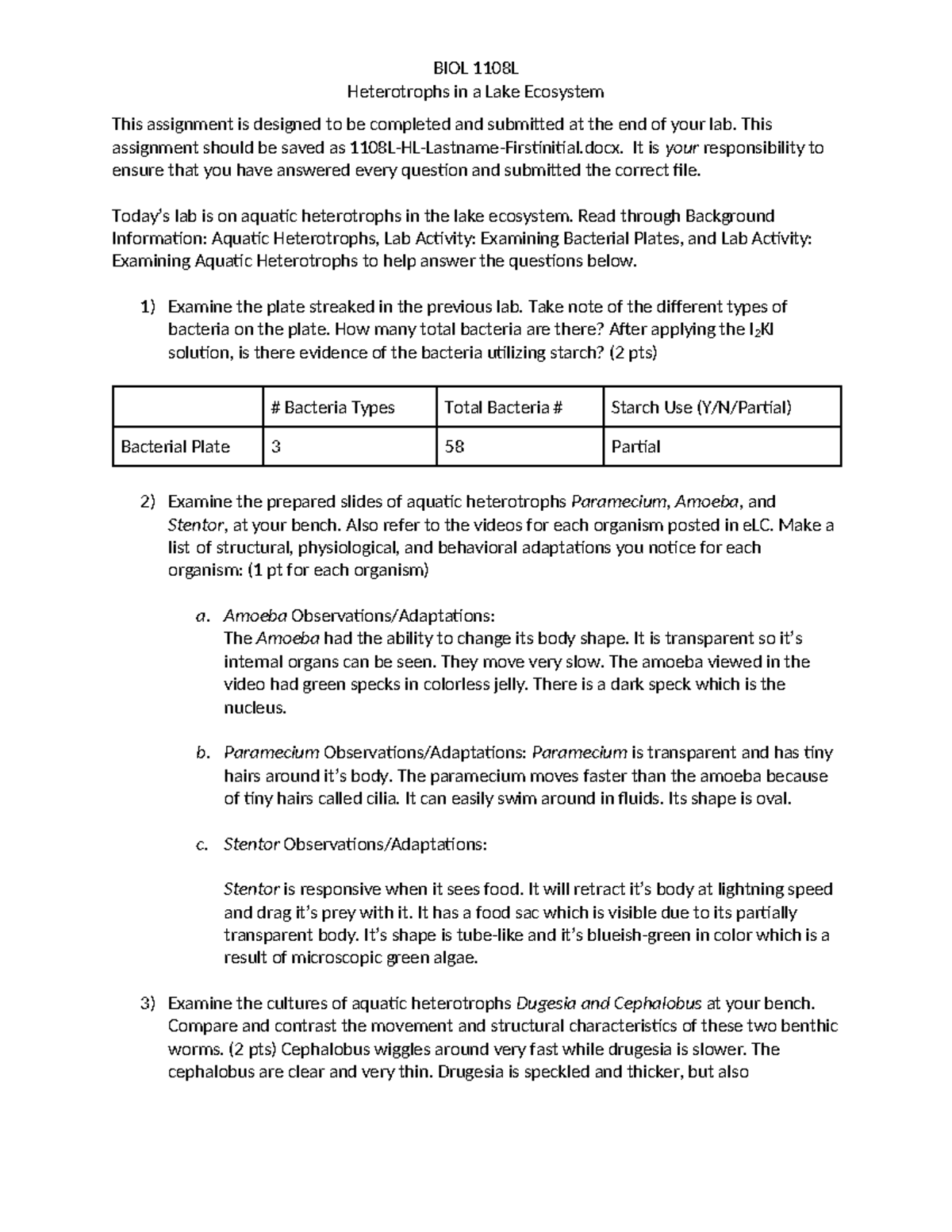 BIOL 1108L - Lab Report on Aquatic Heterotrophs in Lake Ecosystems ...