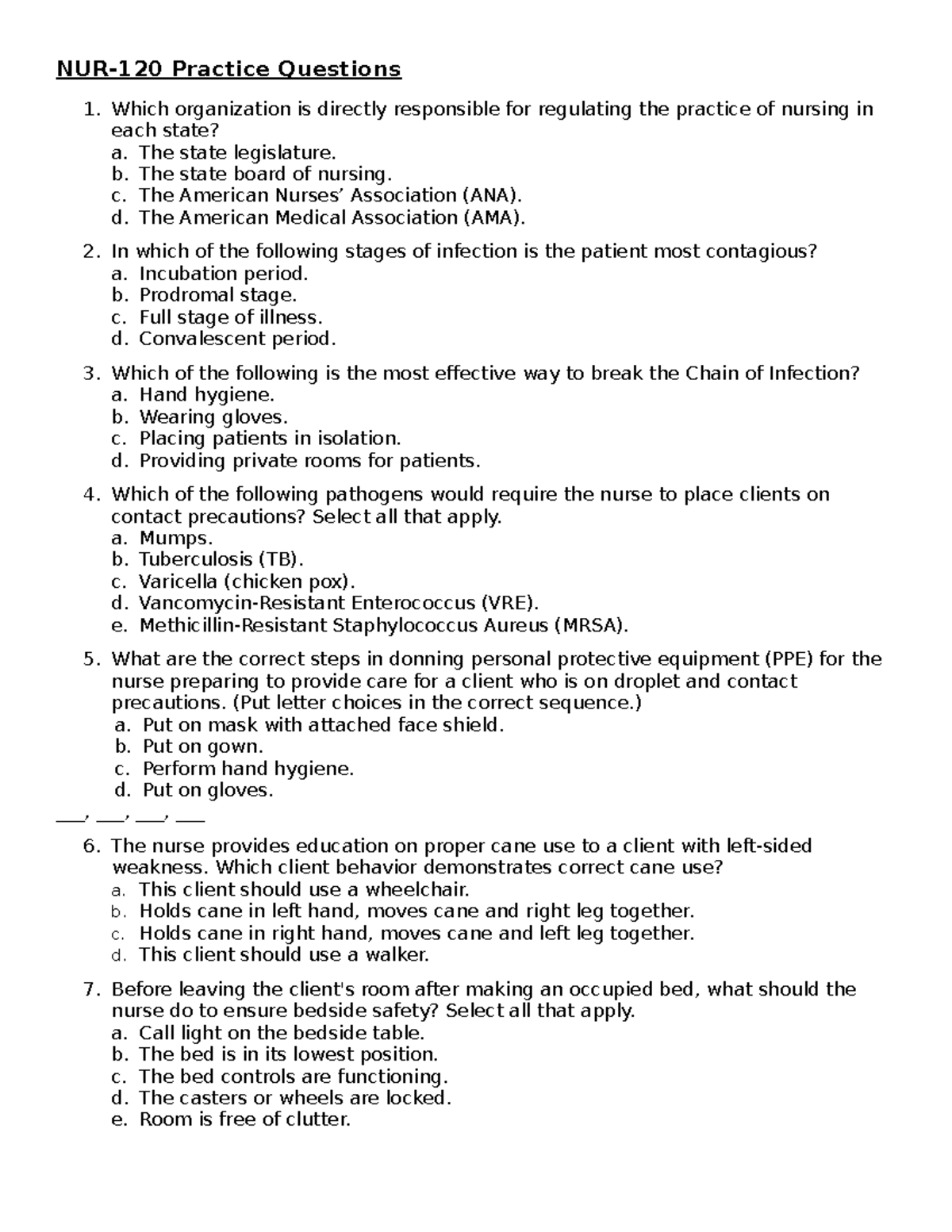NUR 101 practice questions for nursing fundamentals exam preparation ...