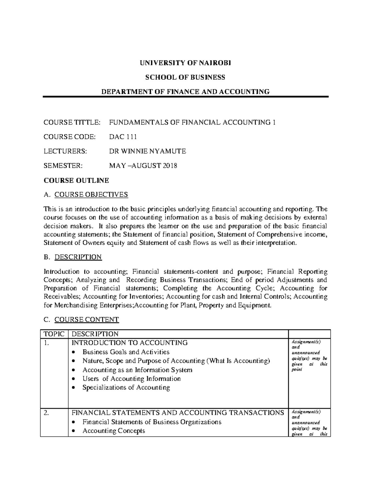DAC 111 Course Outline: Fundamentals of Financial Accounting I - Studocu