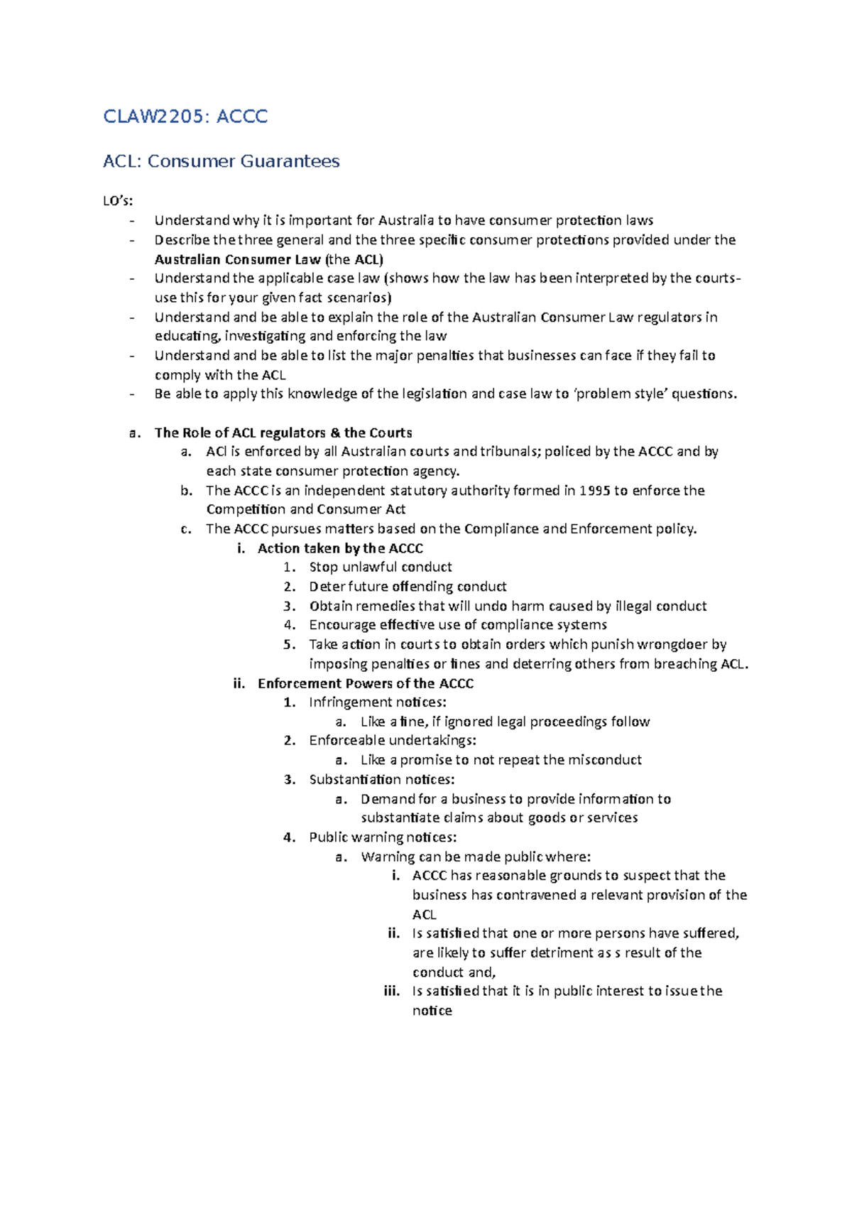 CLAW2205 - Lecture Notes on Australian Consumer Law and ACL Guarantees ...