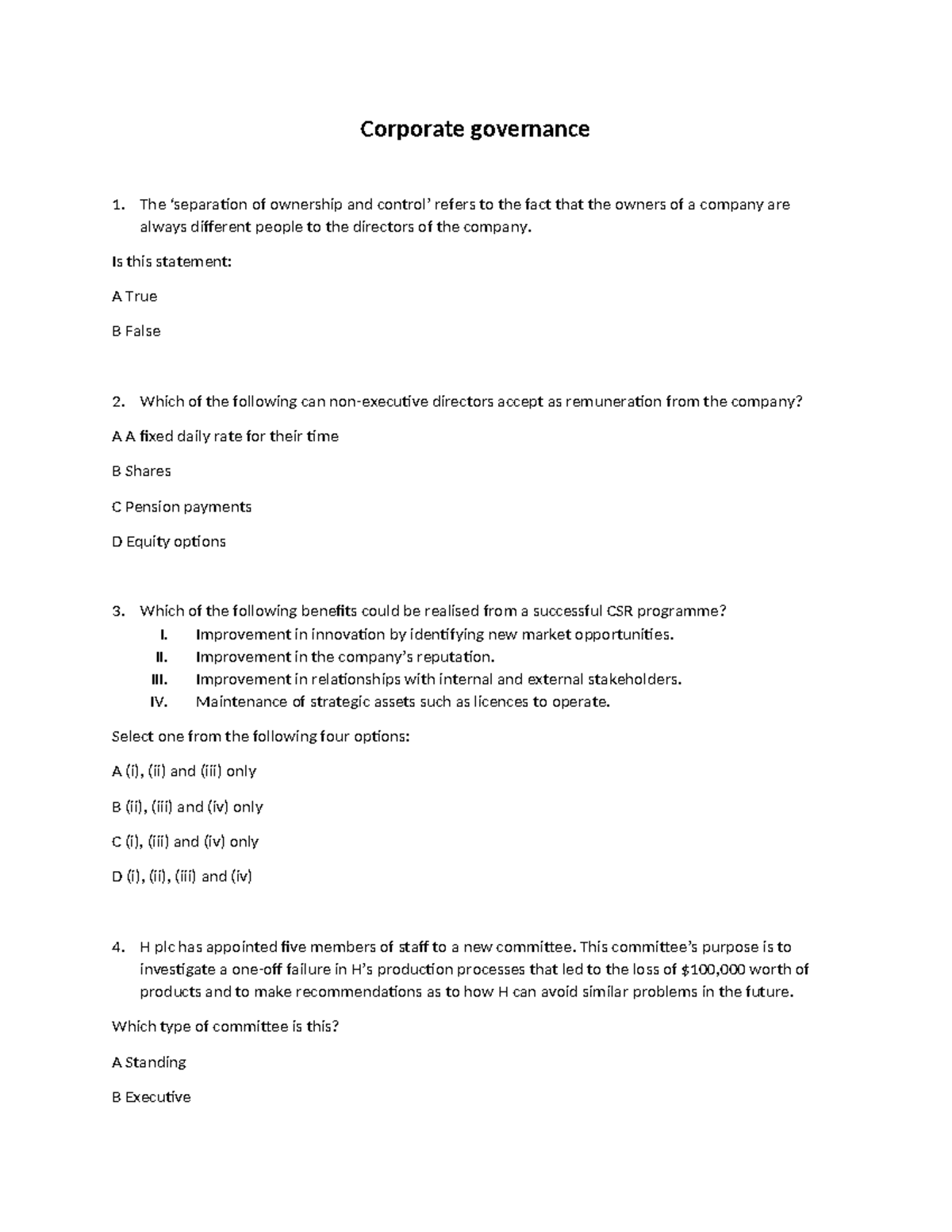 Corporate Governance Quiz - CG101 - Studocu