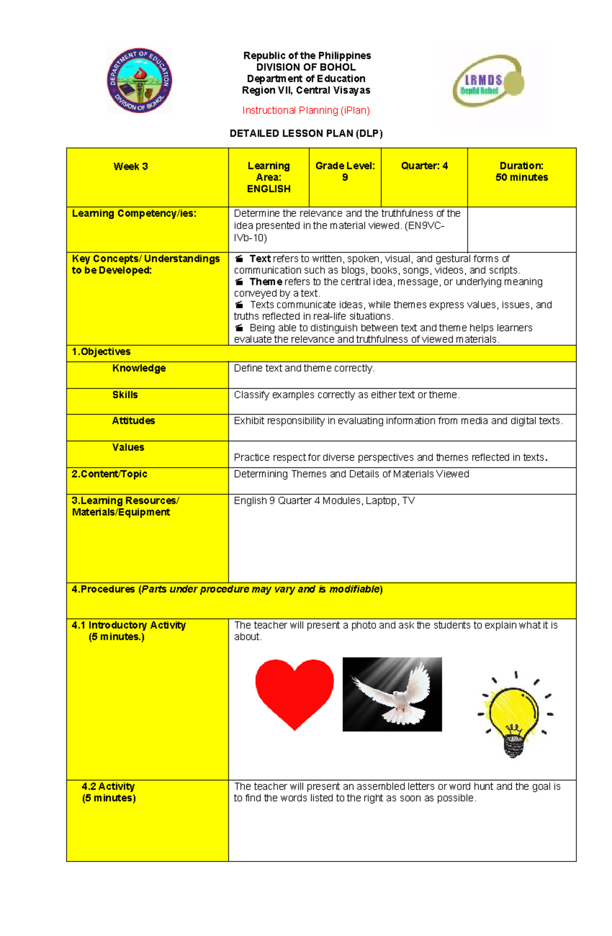 Detailed Lesson Plan (DLP) for English 9 - Week 3 iPlan - Studocu