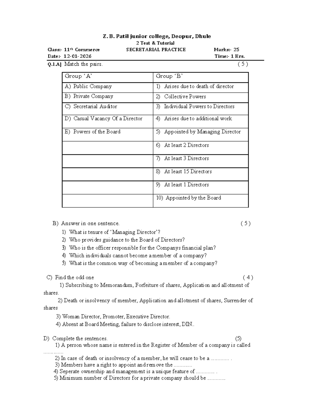 SP TEST 2 - Important Questions for Secretarial Practice - Studocu